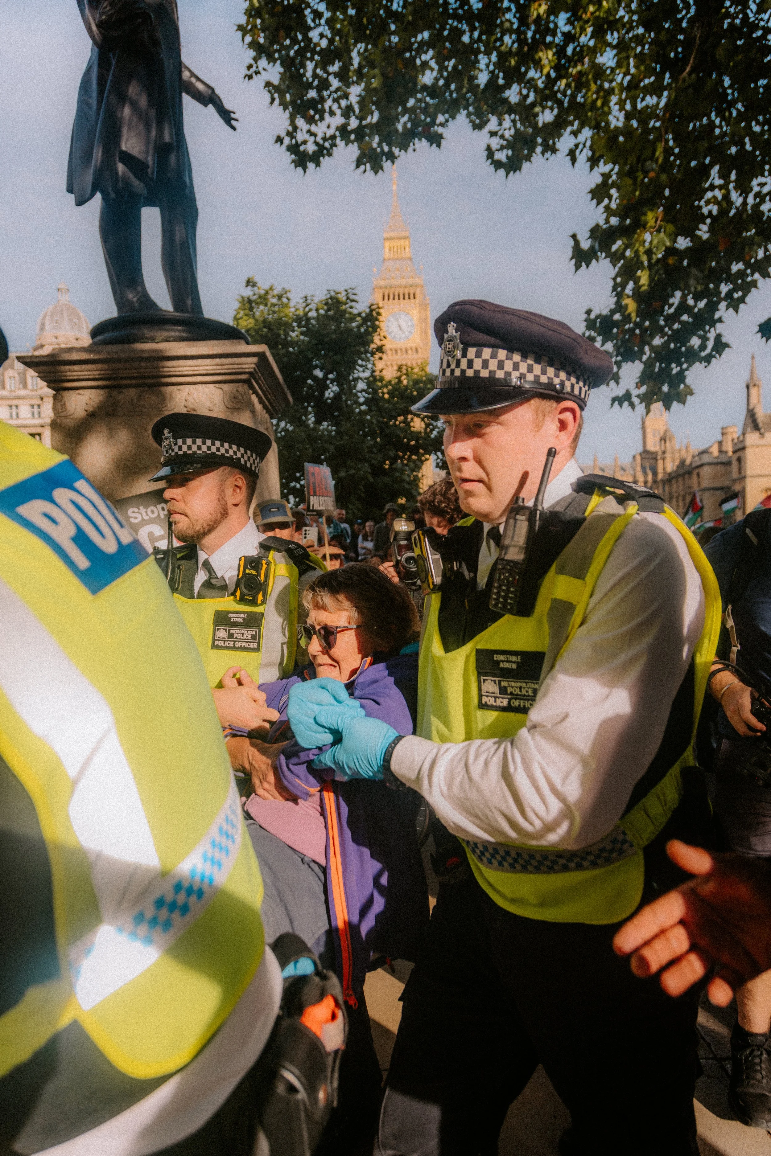 Elderly woman is carried away by police after holding a sign in support of palestine action at a demonstration in parliament square on 6th september 2025
