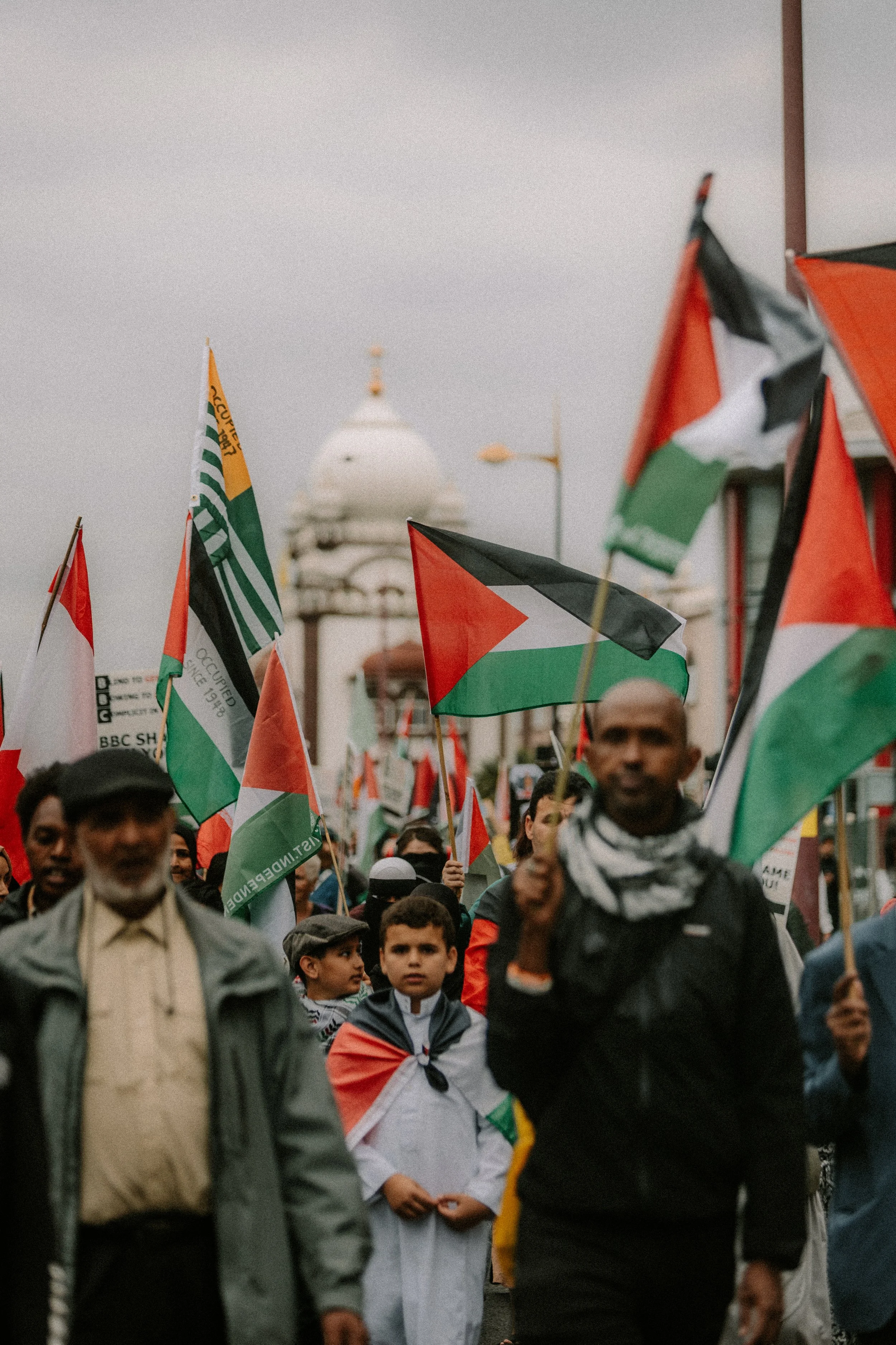 A crowd of people holding Palestinian flags during a demonstration, with a mosuqe with domes in the background under cloudy skies.