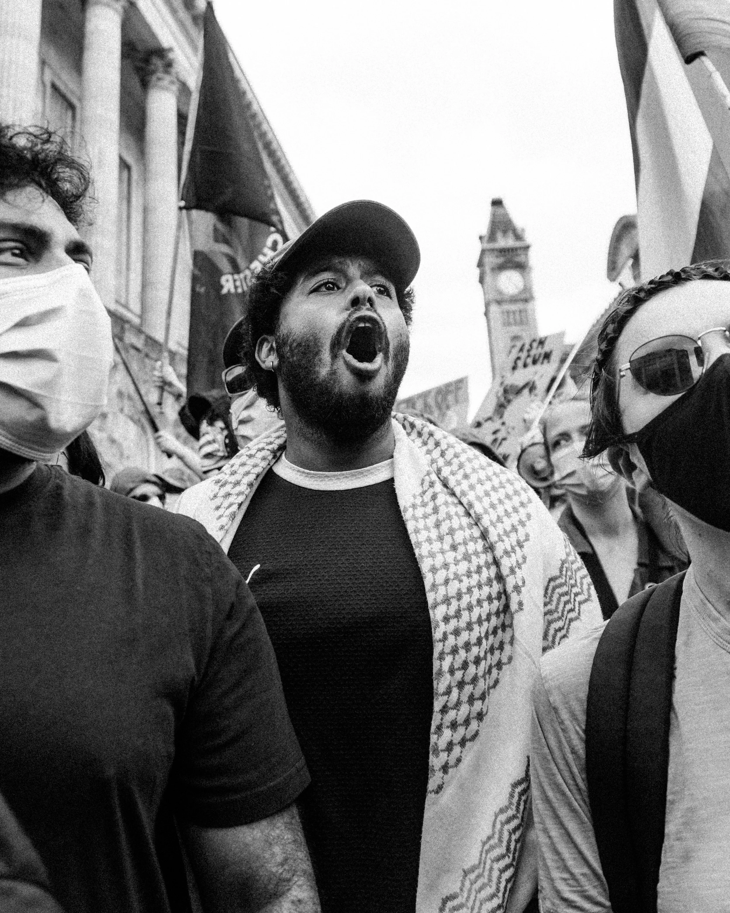 anti-fascist protester shouting in Birmingham.