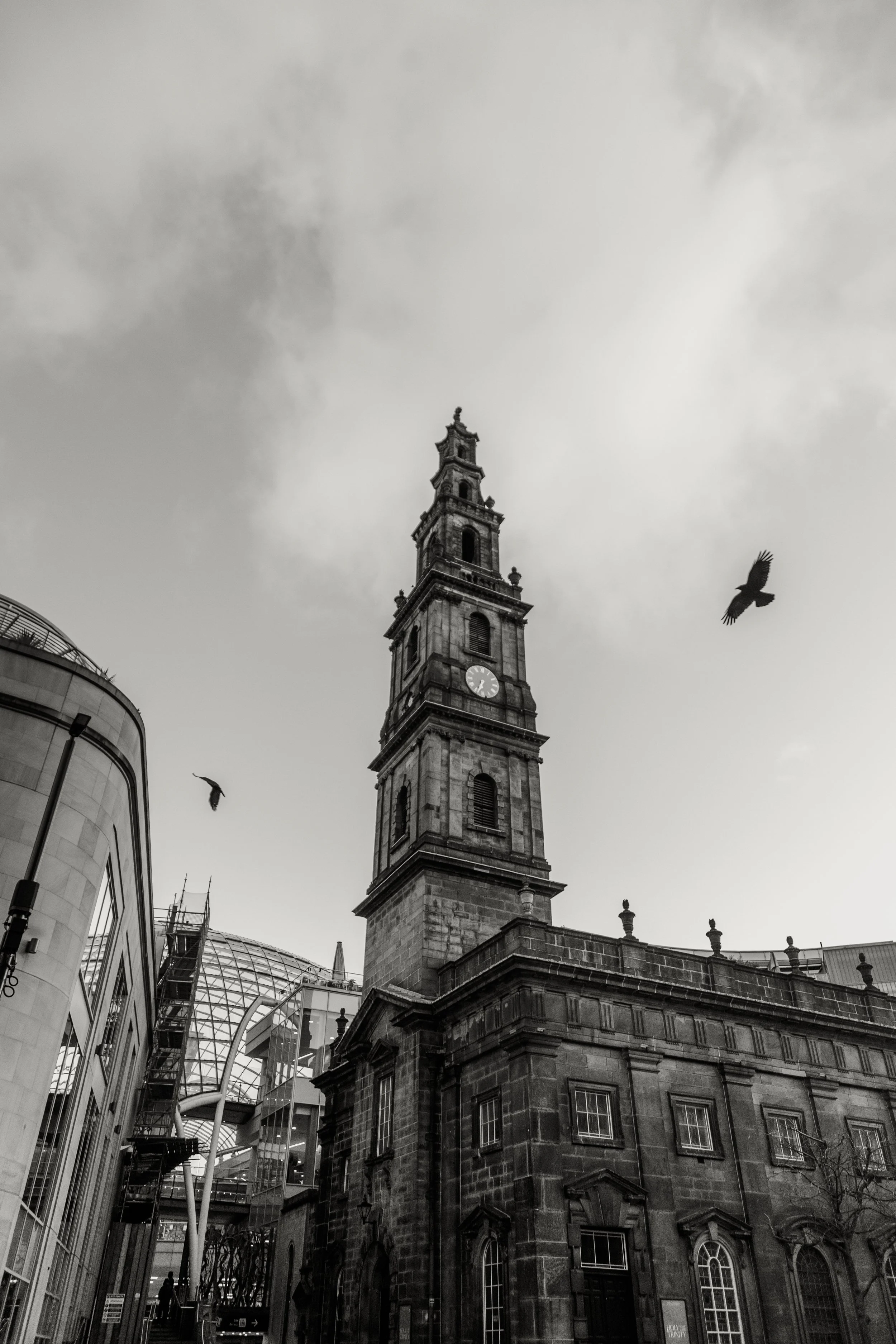 A black and white photo of a Holy Trinity on Boar Lane Leeds with a surrounded urban area, modern buildings, and birds flying in the sky.