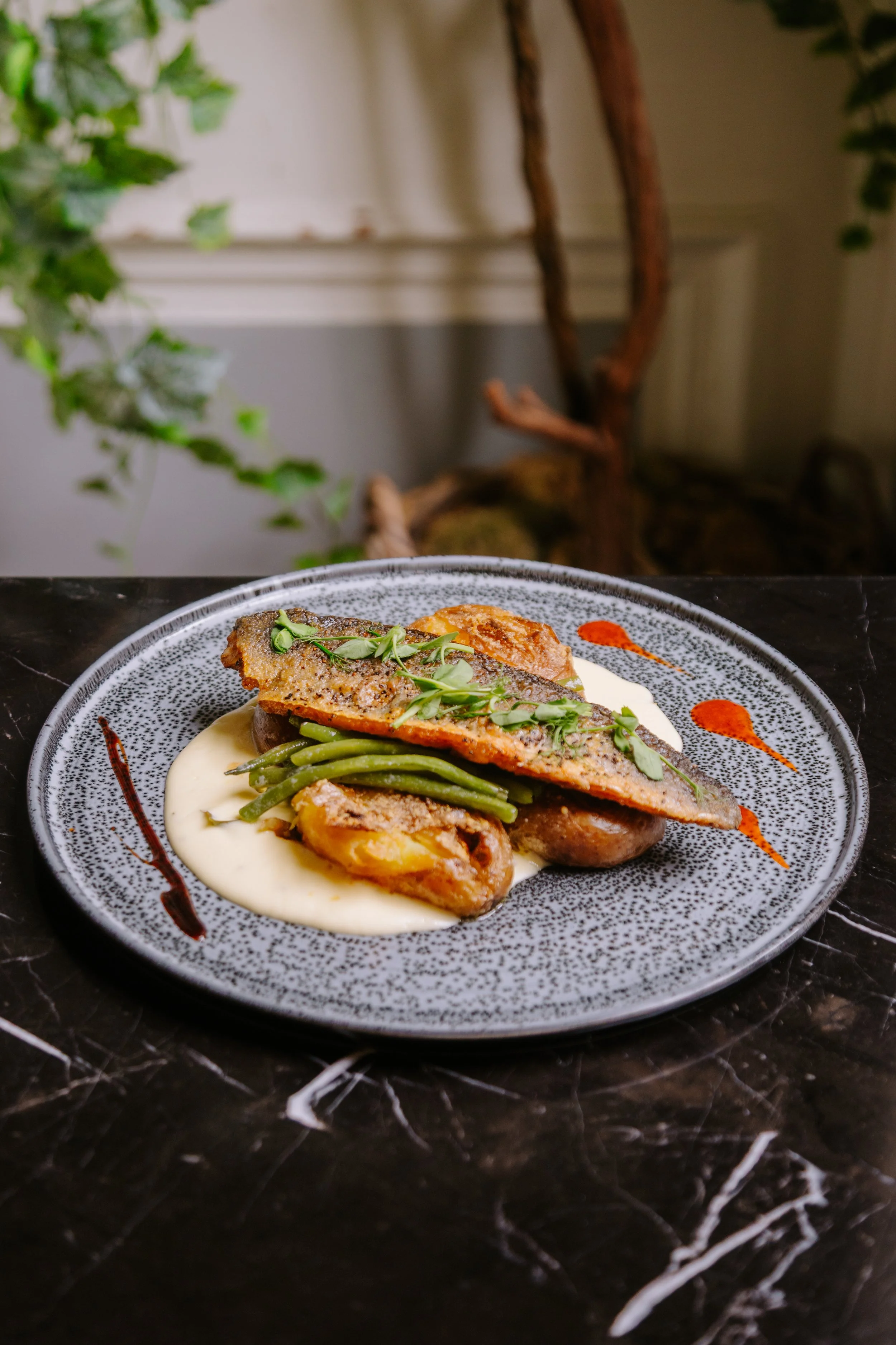 A plated dish featuring cooked fish fillet garnished with microgreens, served with green beans. york leeds yorkshire restaurant photographer videographer