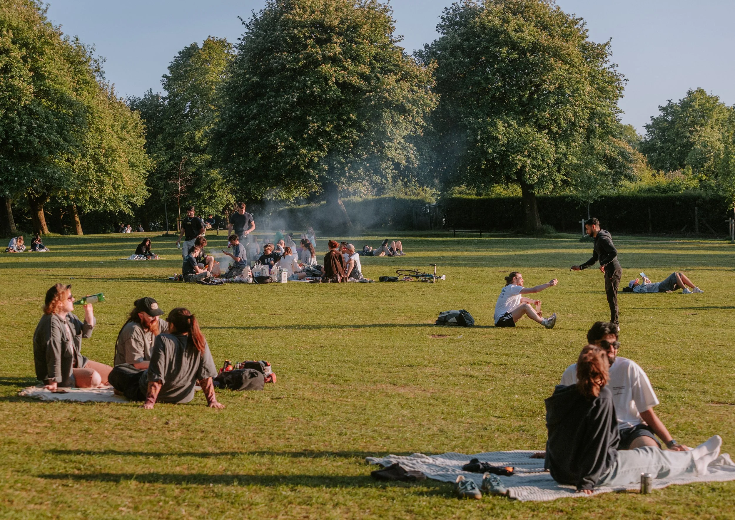 People gather in a park, sitting on the grass, some on blankets, with trees and a clear sky in the background. It appears to be a sunny day.