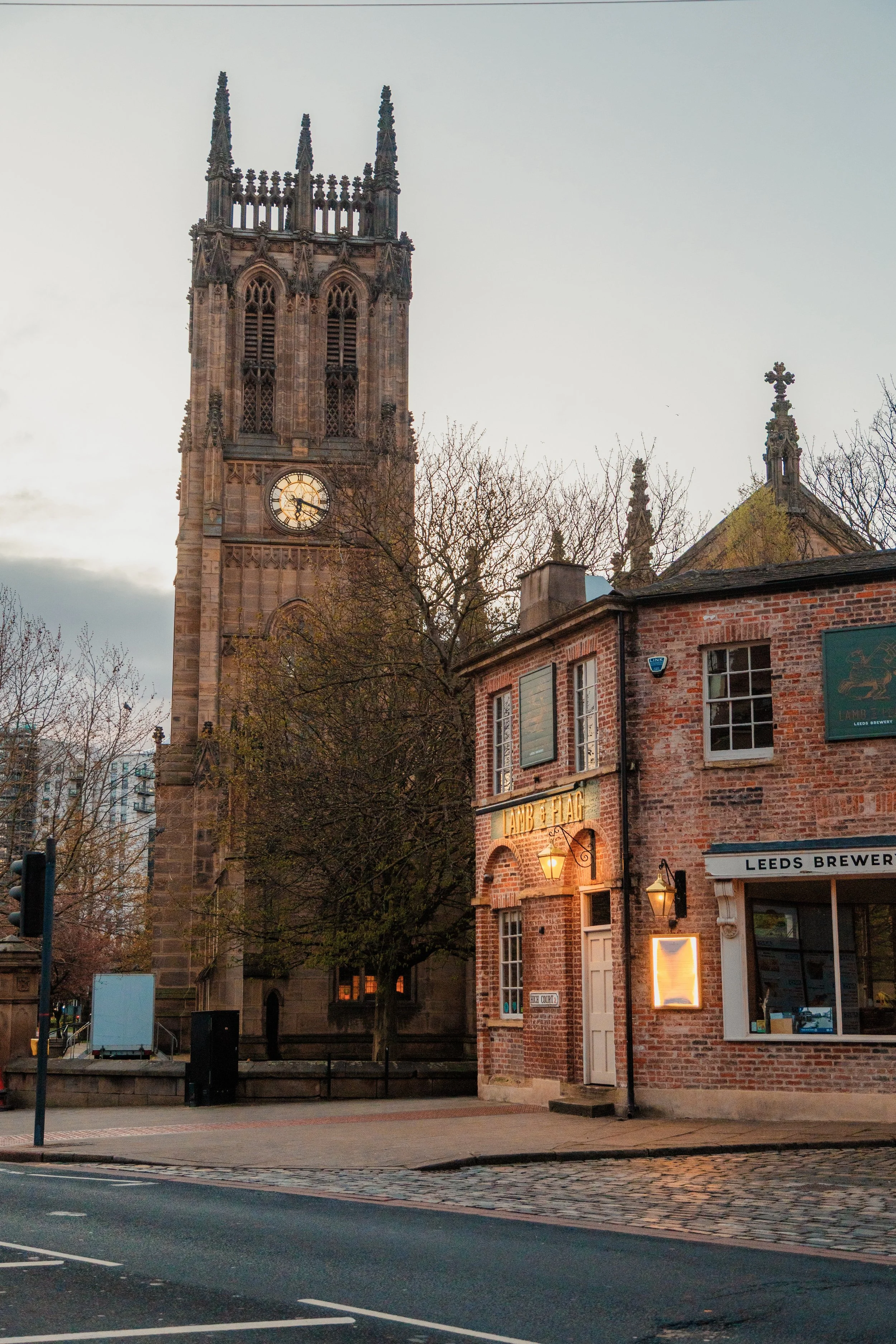 Leeds Minster with a Gothic architectural style, next to the lamb and flag pub in leeds city centre