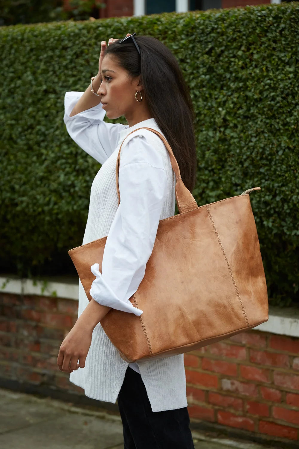 Oversize Large Tan Leather Tote Bag — Moroccan White