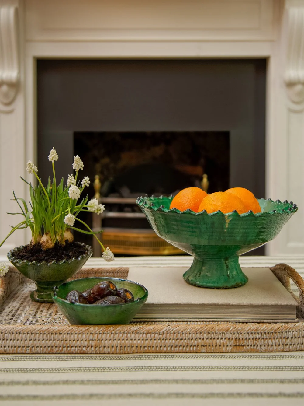 Tamegroute Footed Pedestal Bowl Green Glaze — Moroccan White