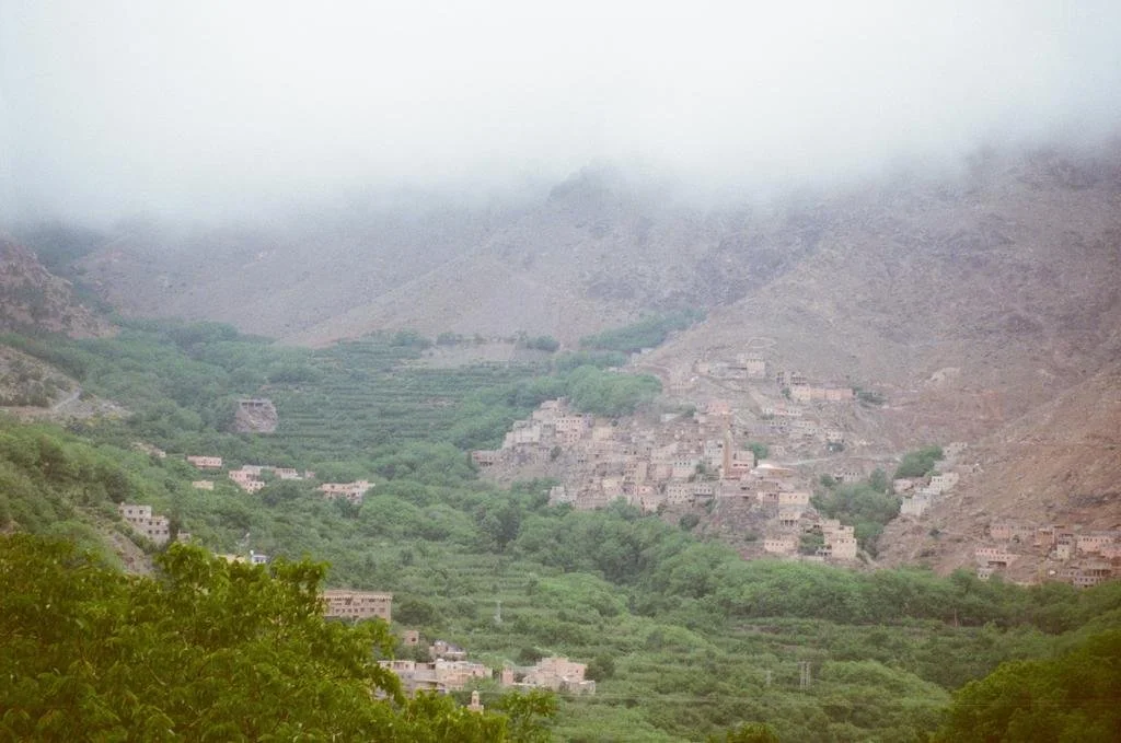 A valley with green vegetation and hillside houses partially covered by fog.