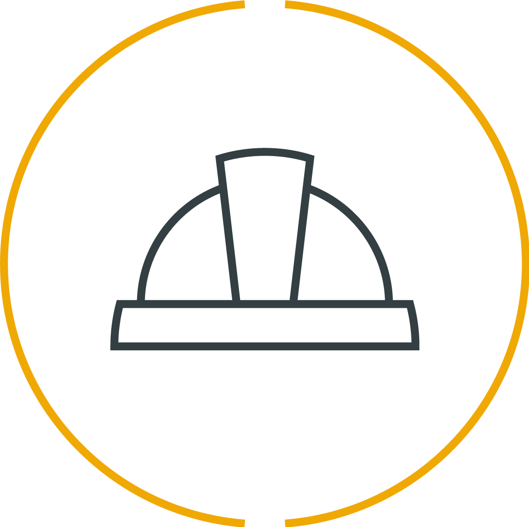 Outline of a compass needle inside a semicircular dial with a base, surrounded by an orange circle.