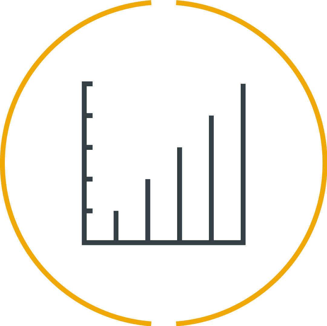 Line graph with five ascending bars inside a circle with a yellow border.