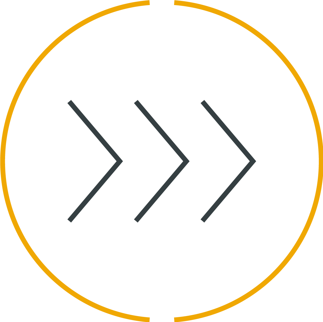 A stop button with a gold border and black background featuring three right-pointing arrows in the center.