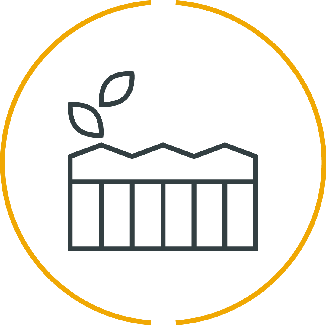 A circular icon with a black background, featuring a minimalistic graphic of a bar chart with some leaves, and an orange border.