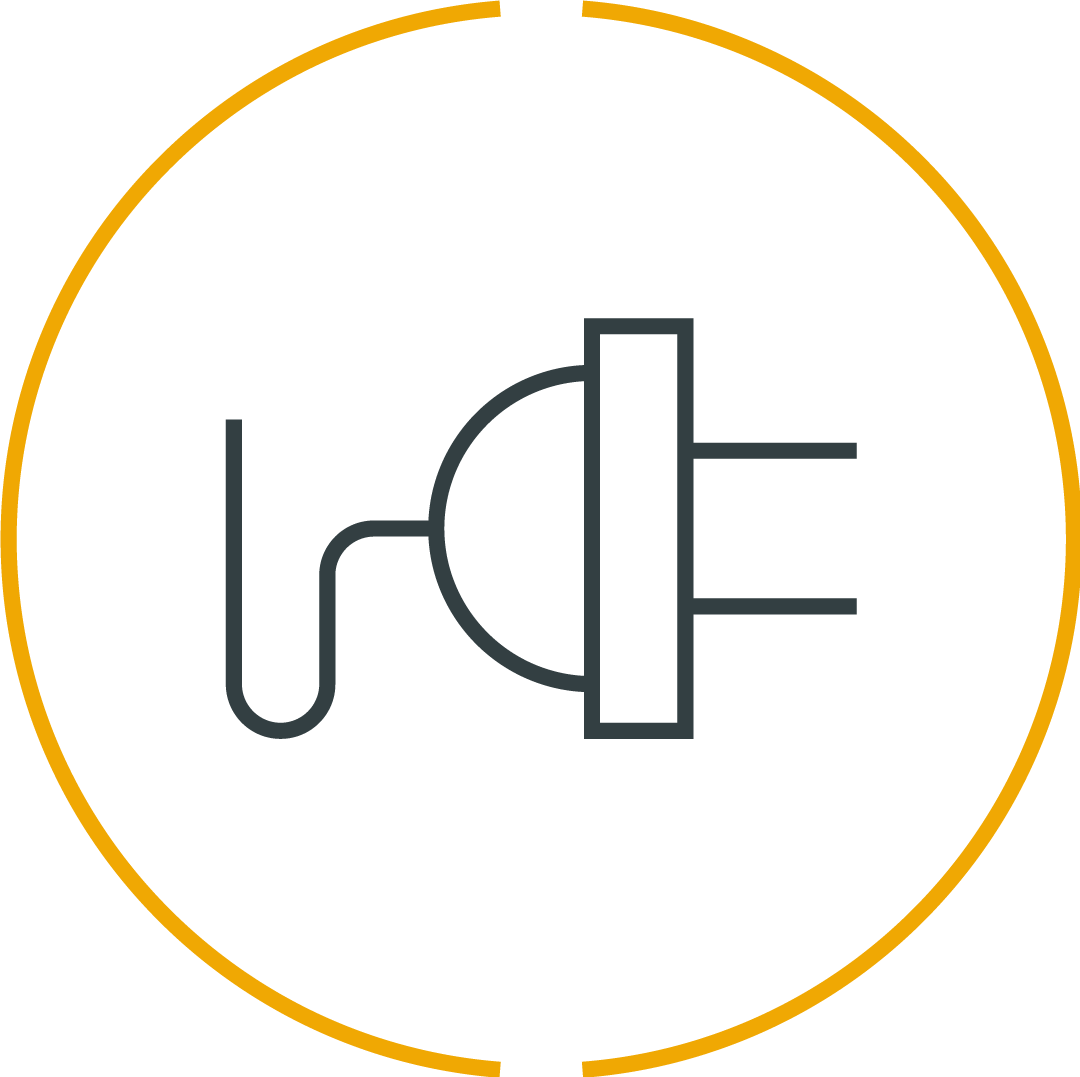 A black circular icon with a yellow border featuring a minimalist line drawing of a light bulb.