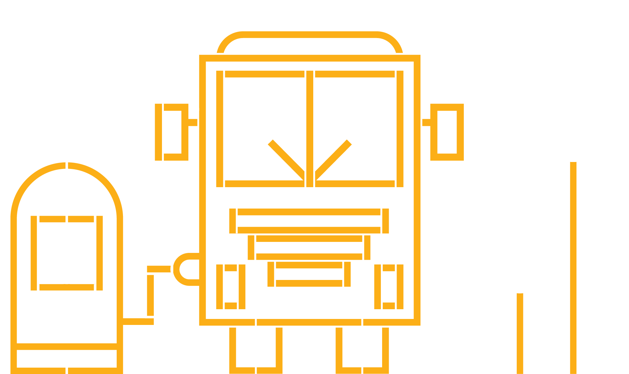 Line drawing of a school bus flanked by a plant in a pot on the left and a traffic light on the right, on a black background.