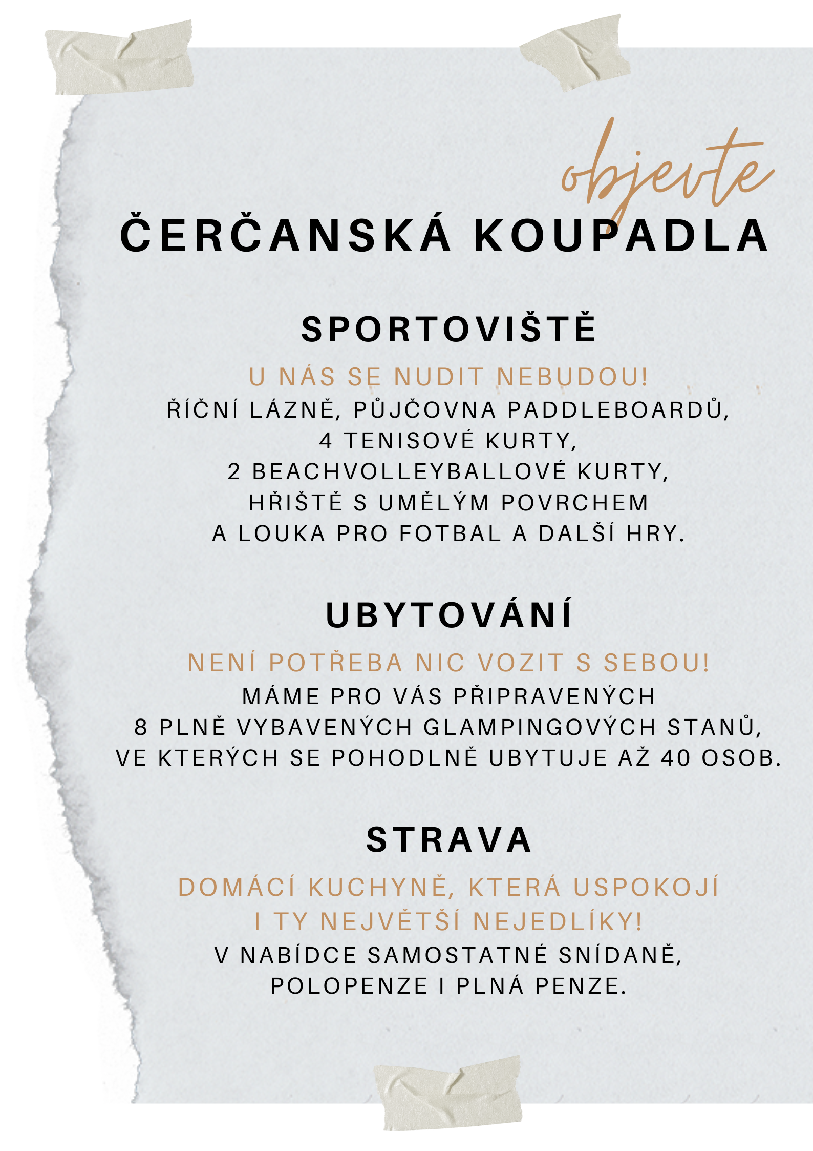 Informational sign about Čerčanská Koupadla with details about sports, accommodation, and food options in Czech language.