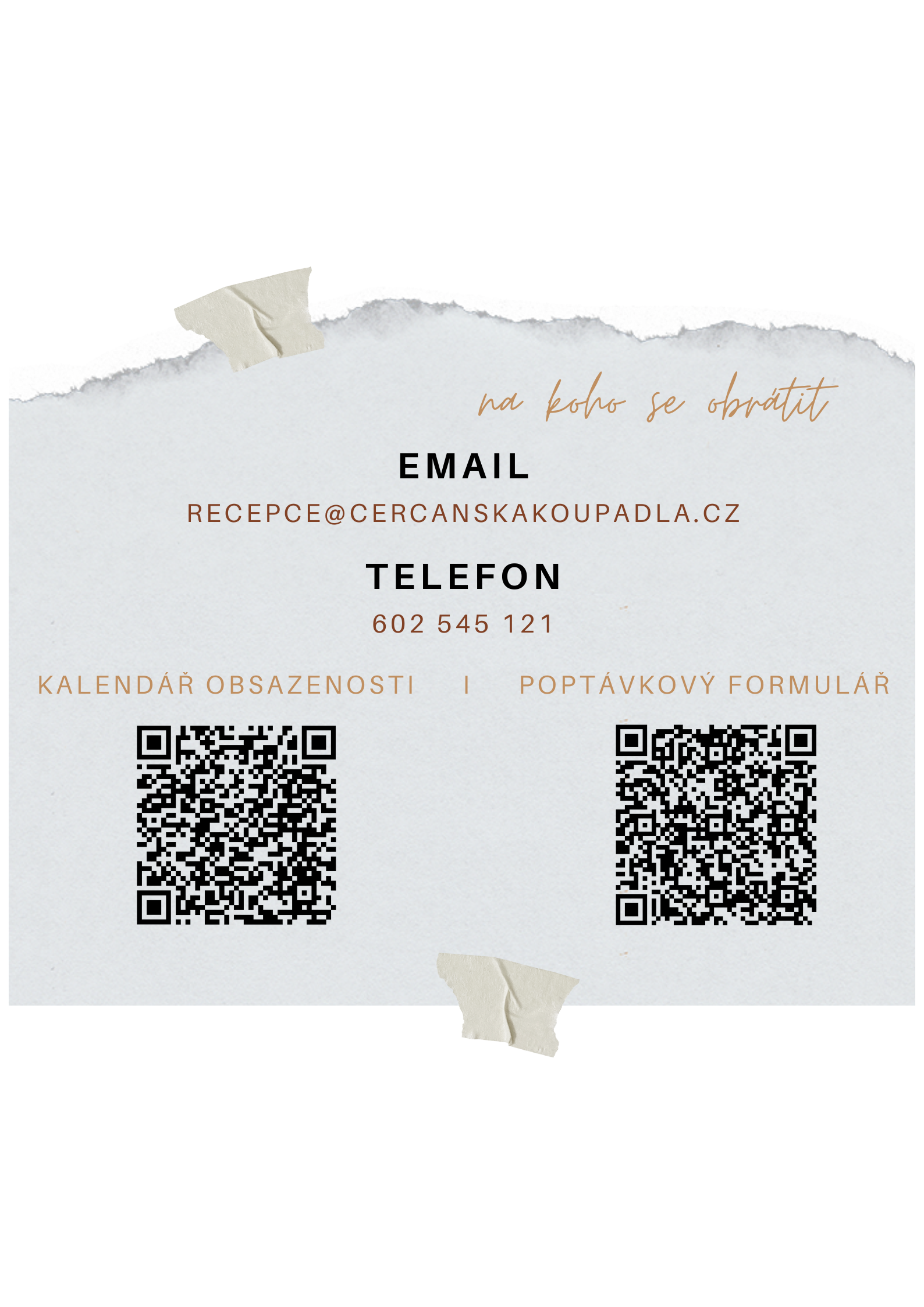 Contact information card with email, phone number, QR codes, and decorative tape.
