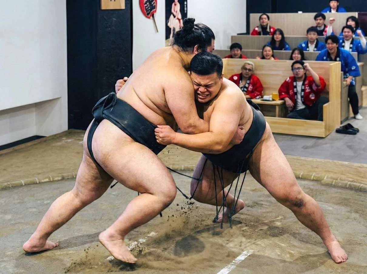 Two sumo wrestlers in the middle of a match in a sumo ring, with an audience of spectators watching in the background.
