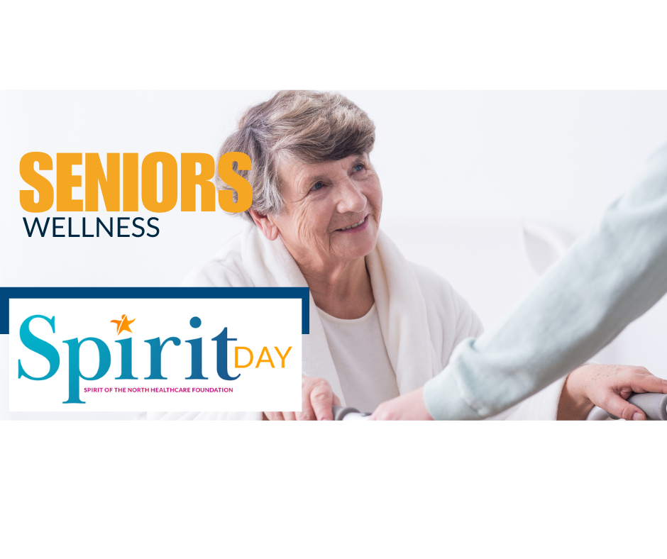 Senior with Dementia being helped by family member with spirit day logo and tagline senior care that feels like home