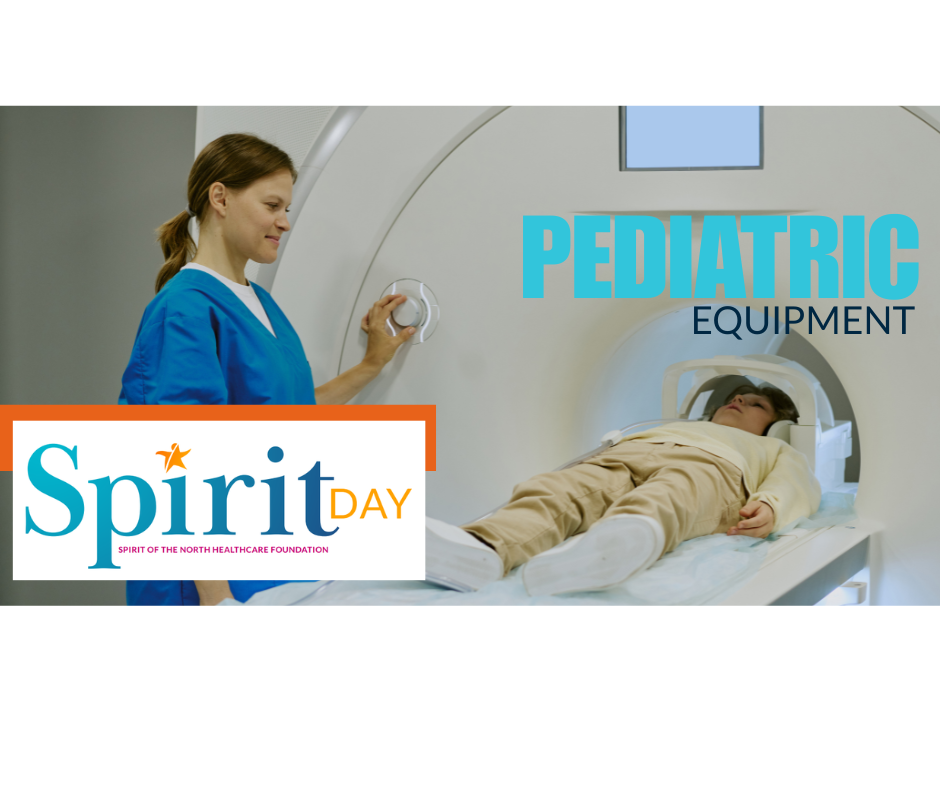 Child getting treatment to highlight lifesaving pediatric equipment with spirit day logo and tagline supporting our littlest patients in the north