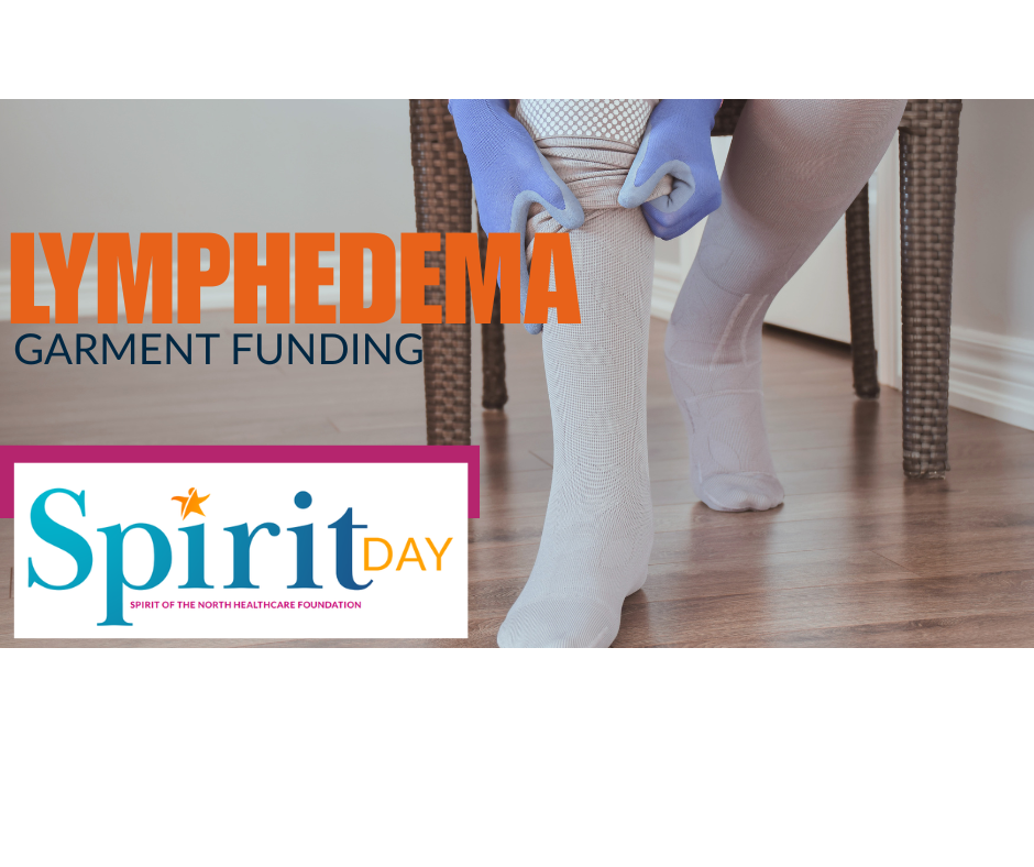 leg being wrapped in lymphadema garment with spirit day logo and tagline support for every step