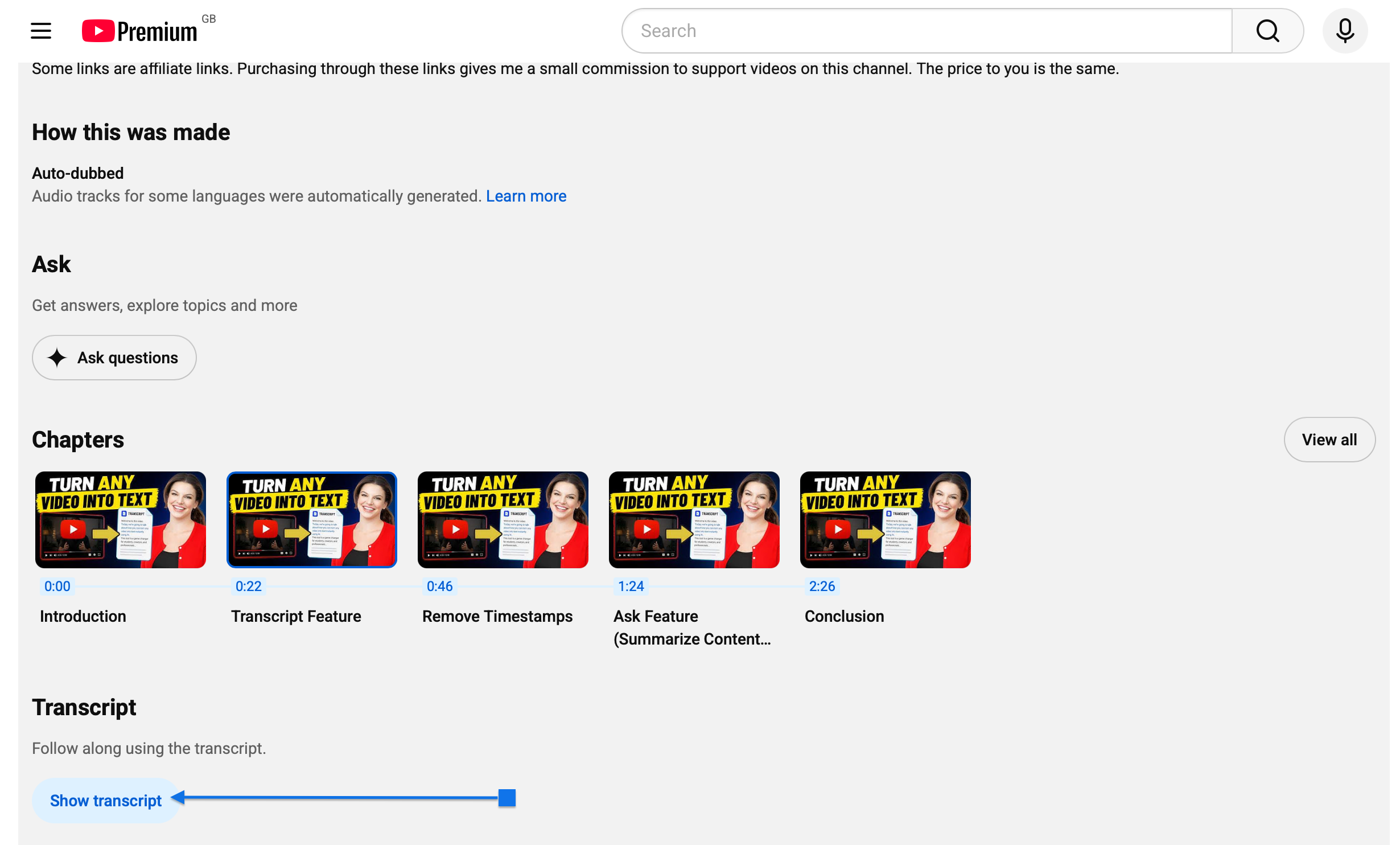 Getting a YouTube transcript for AI language learning