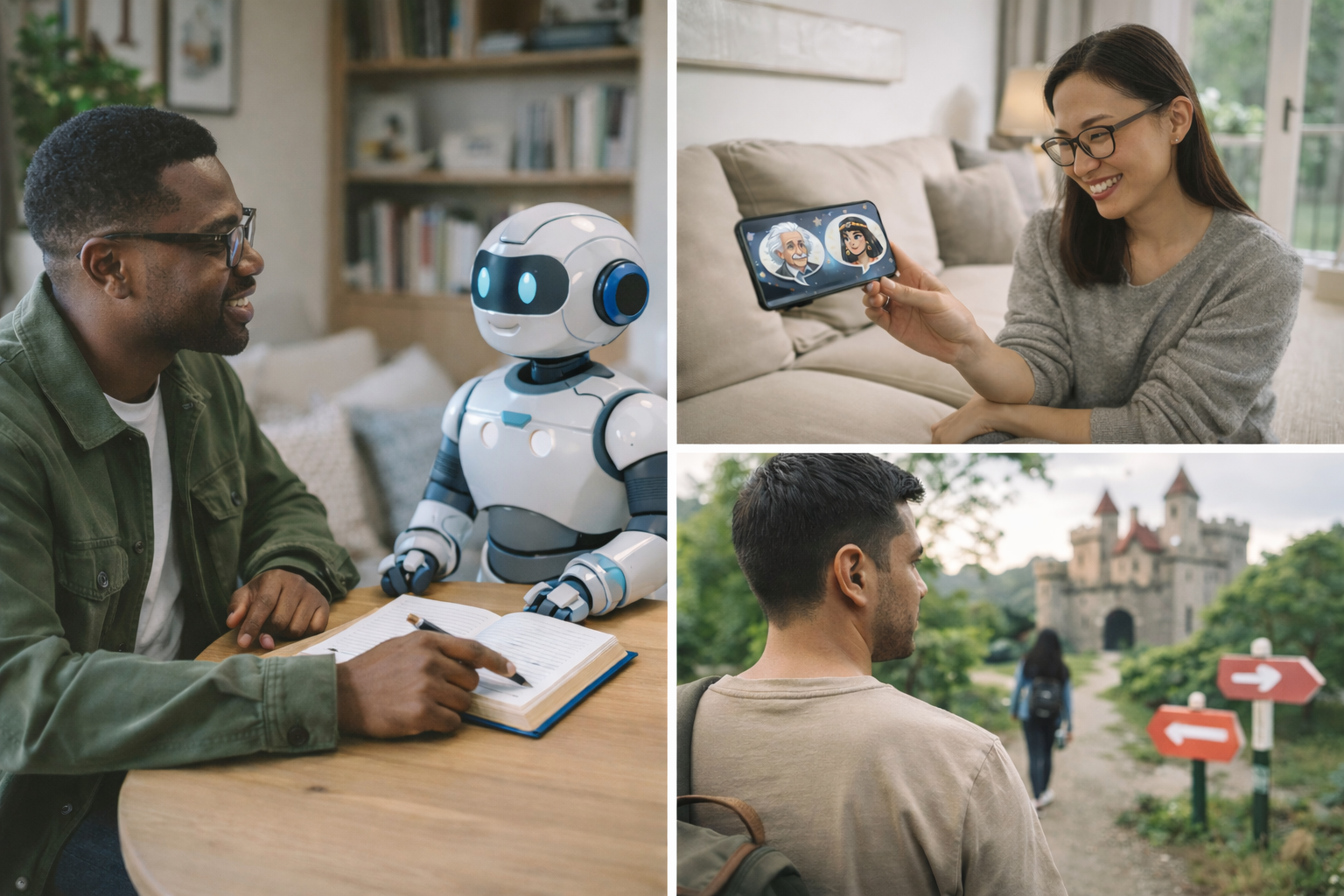 images of 3 people playing a game with a humanoid robot, smiling at a mobile phone displaying a cartoon of Einstein and Cleopatra, and walking towards a castle.
