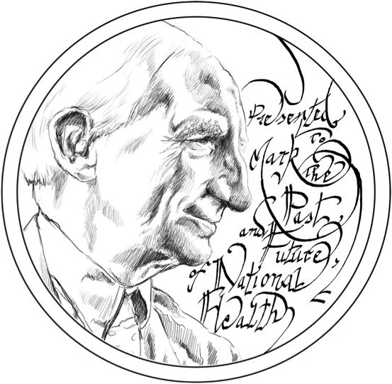 Sketch of an elderly man with glasses, along with decorative handwritten text reading 'Presented by Mark T. and Rachelle, in Noble National Health.'