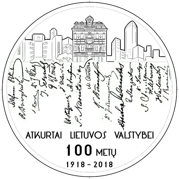 A commemorative Lithuanian coin celebrating 100 years of independent Lithuania, featuring a cityscape with buildings, handwritten Lithuanian text, and inscriptions noting the years 1918-2018.