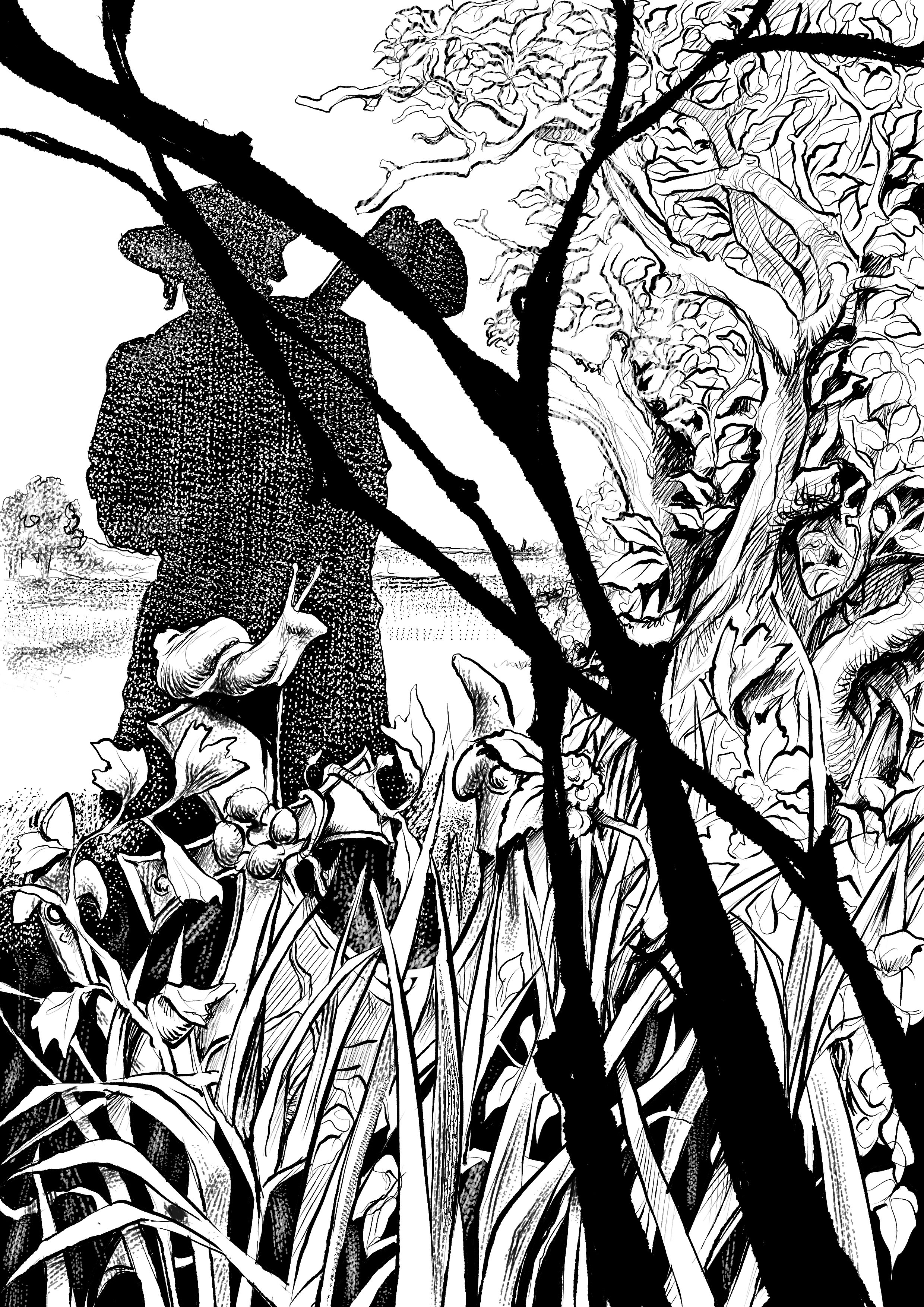 Black and white illustration of a woman standing in a field surrounded by tall grass and large flowers, with a large tree in the background under a clear sky.