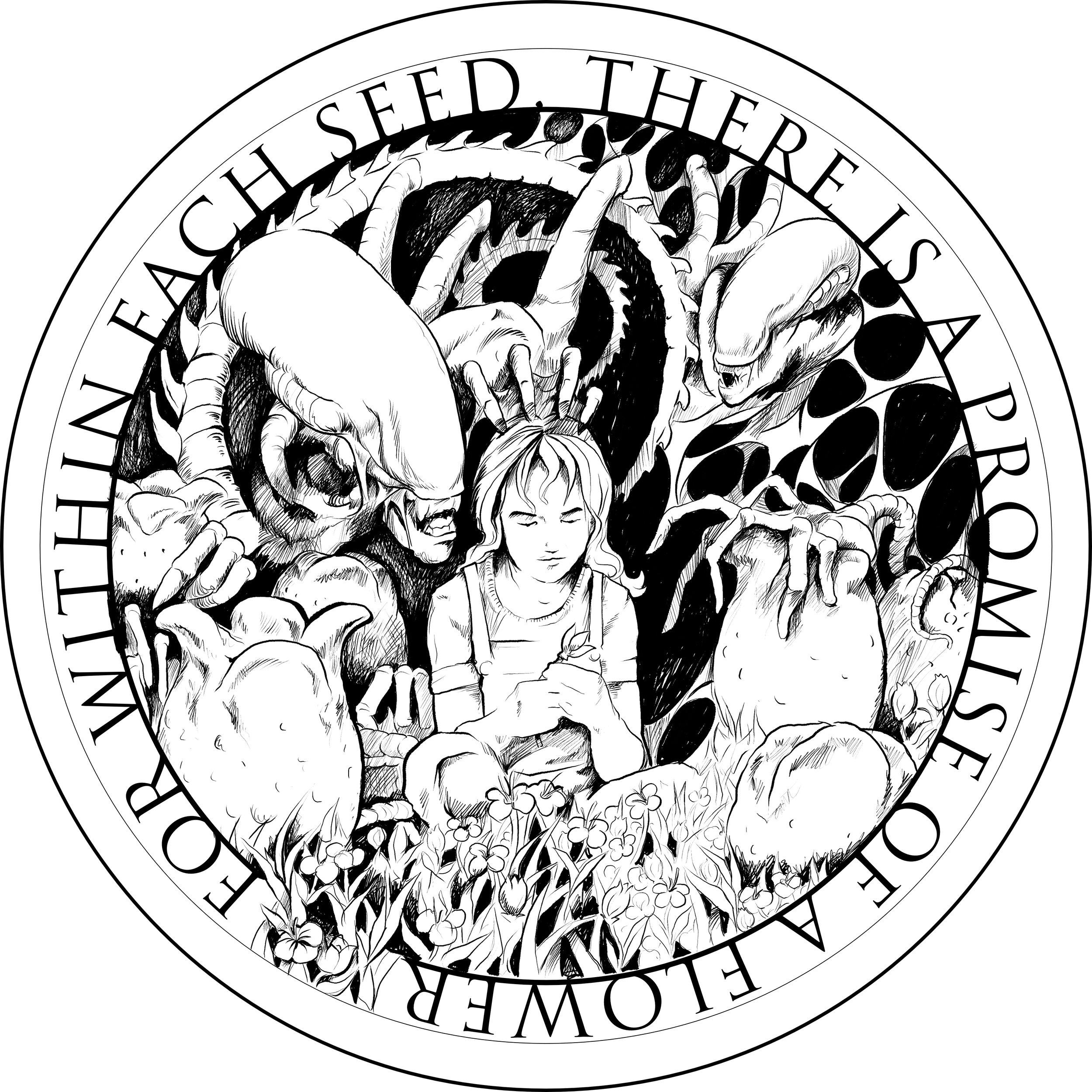A black and white illustration of a circular design featuring various plants, a skull, a girl's face, and a spider, with text curved around the circle.