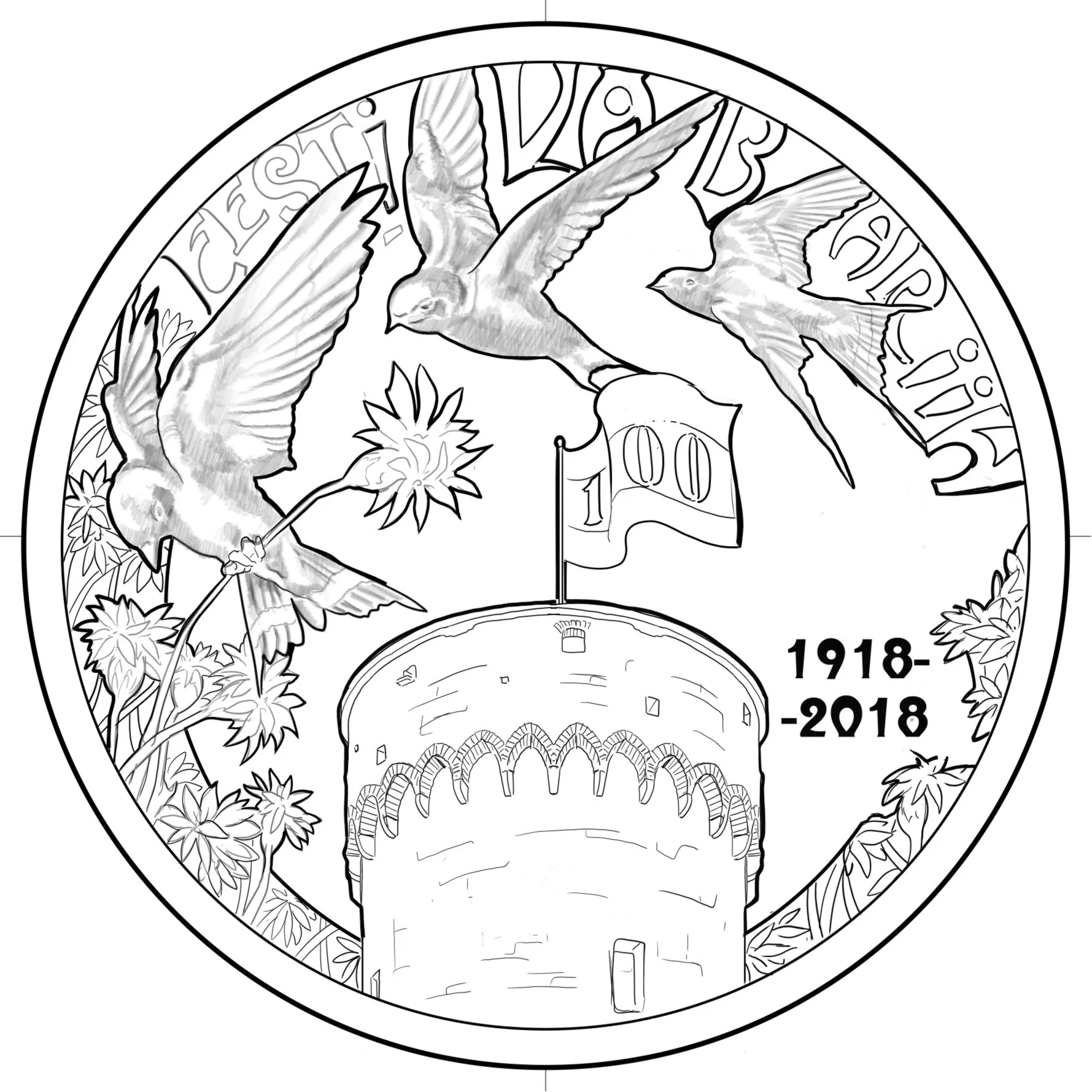 A detailed black and white drawing of a circular emblem featuring a bird holding a flower in its beak, surrounded by flowers and decorative elements, with the dates 1918-2018 and a ribbon.