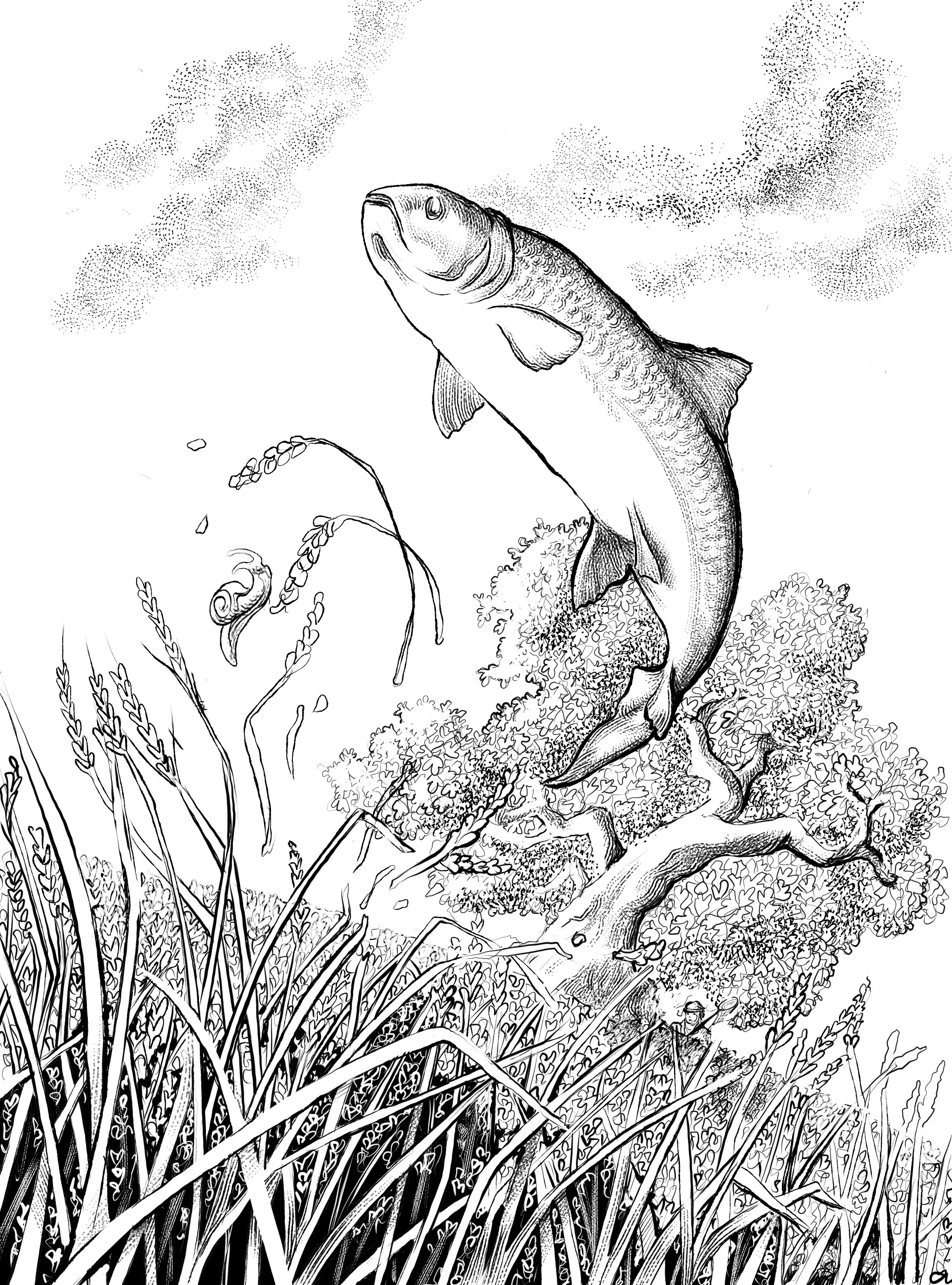 A detailed black and white drawing of a fish, possibly a trout, situated on a pond or river bank surrounded by tall grass, reeds, and lush bushes in the background.