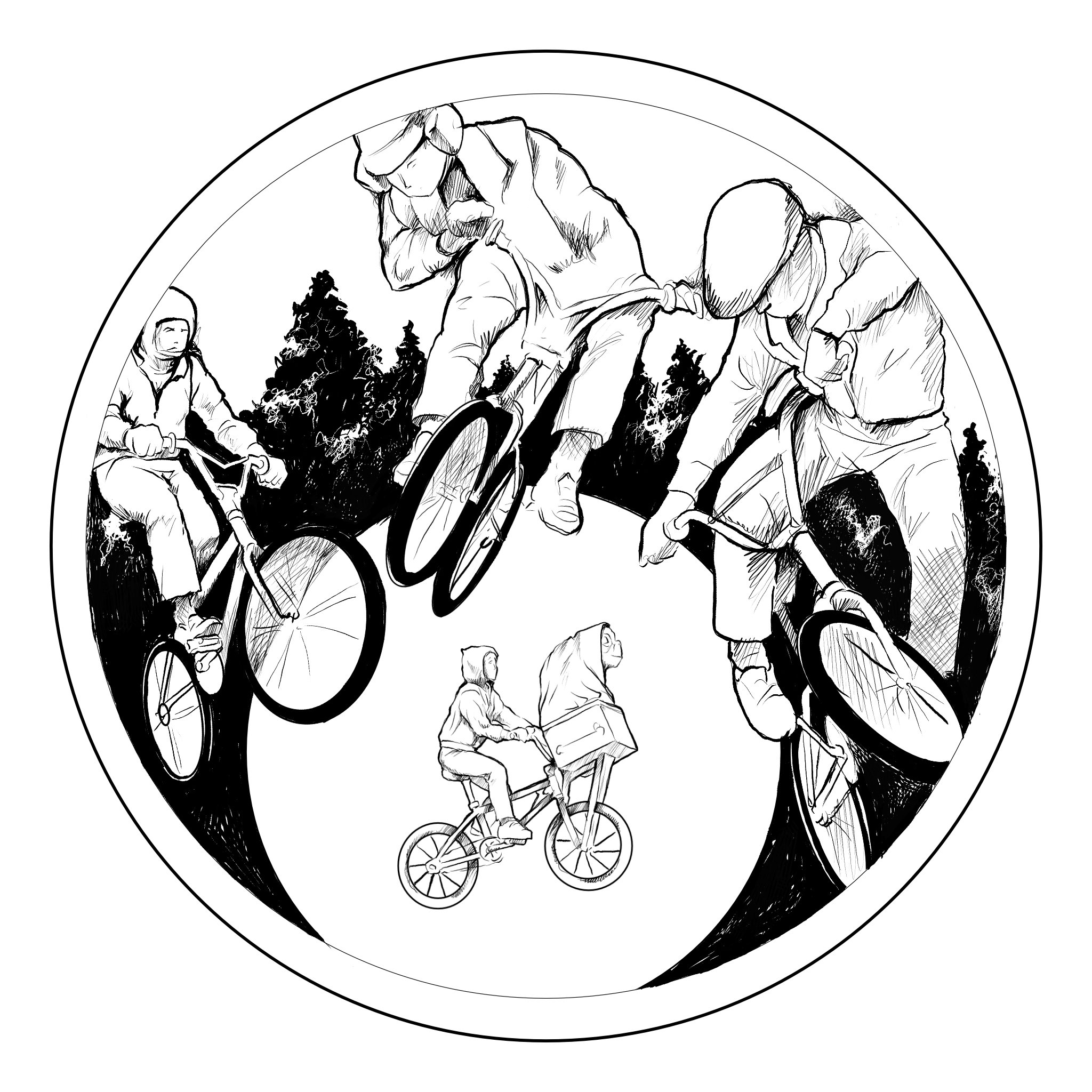 Sketch of a family riding bicycles outdoors framed by a rainbow with trees in the background.