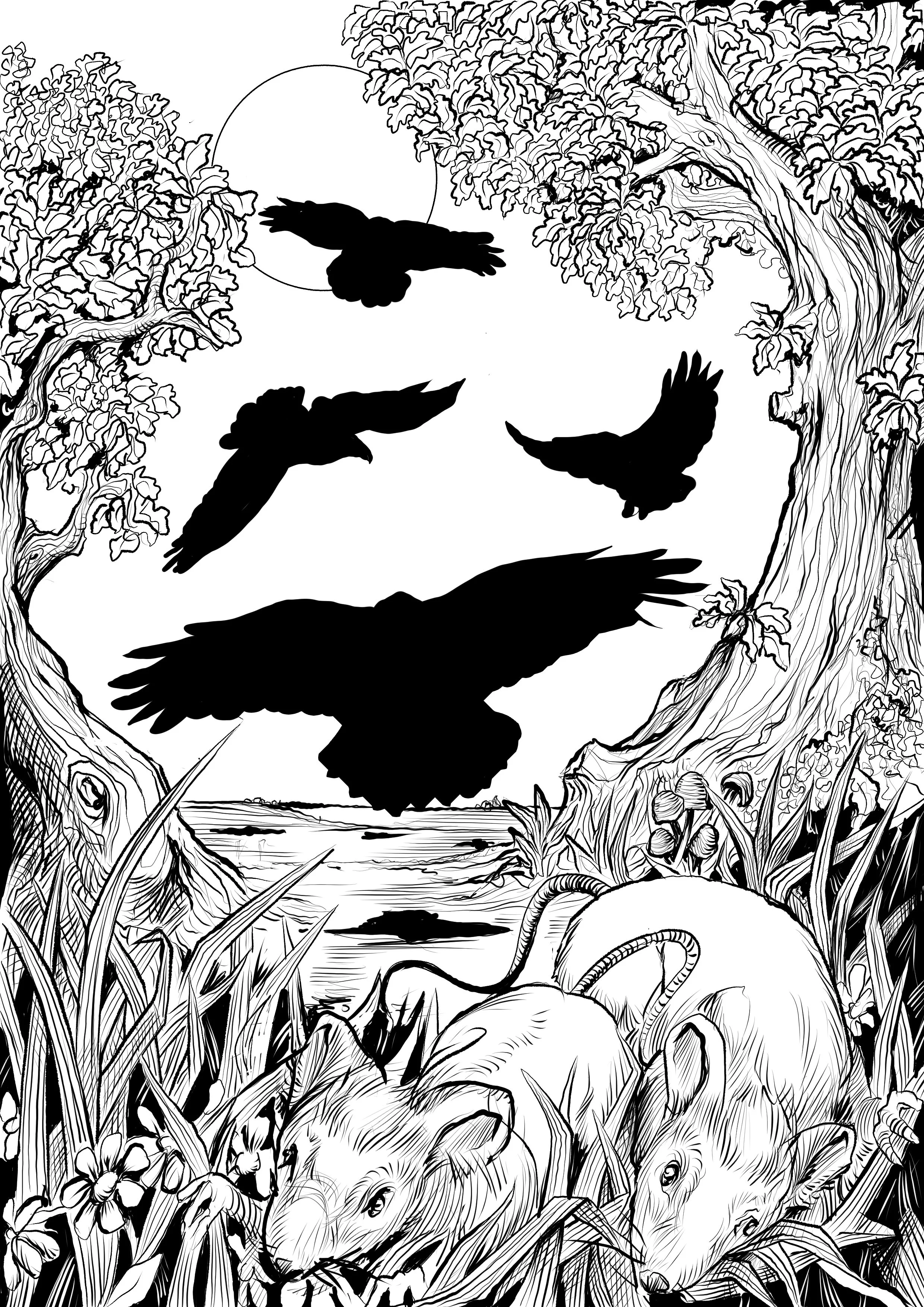 Black and white illustration of a natural scene with two small animals, possibly rodents, in the foreground among tall grasses and plants. A large tree with detailed bark and leaves is on the right, and the scene includes a body of water in the backg