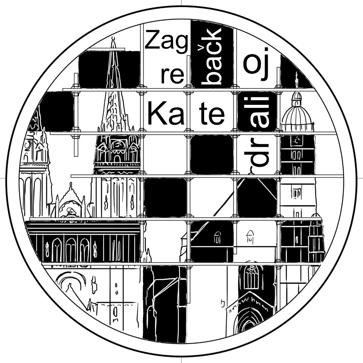 Black and white illustration of a clock face with a city skyline in the background, featuring iconic European architectural landmarks including a cathedral and clock tower. The clock has an indoor puzzle or game with words and letter blocks inside.