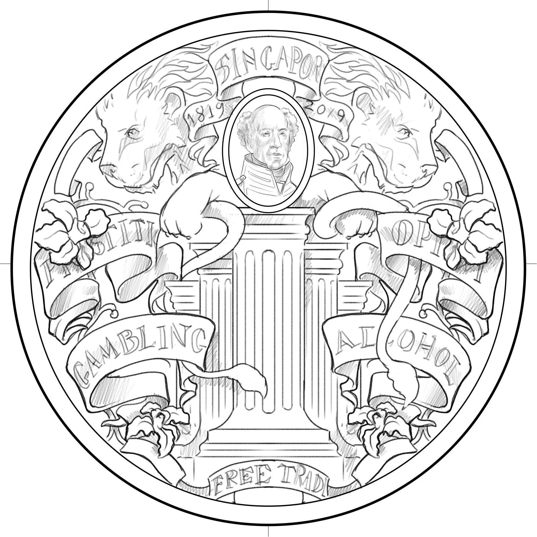 A circular emblem featuring two lions facing away from each other with their heads turned to the front, surrounding a portrait of a man with curly hair. The emblem includes banners and text, referencing Singapor from 1849 to 2009, with words related 