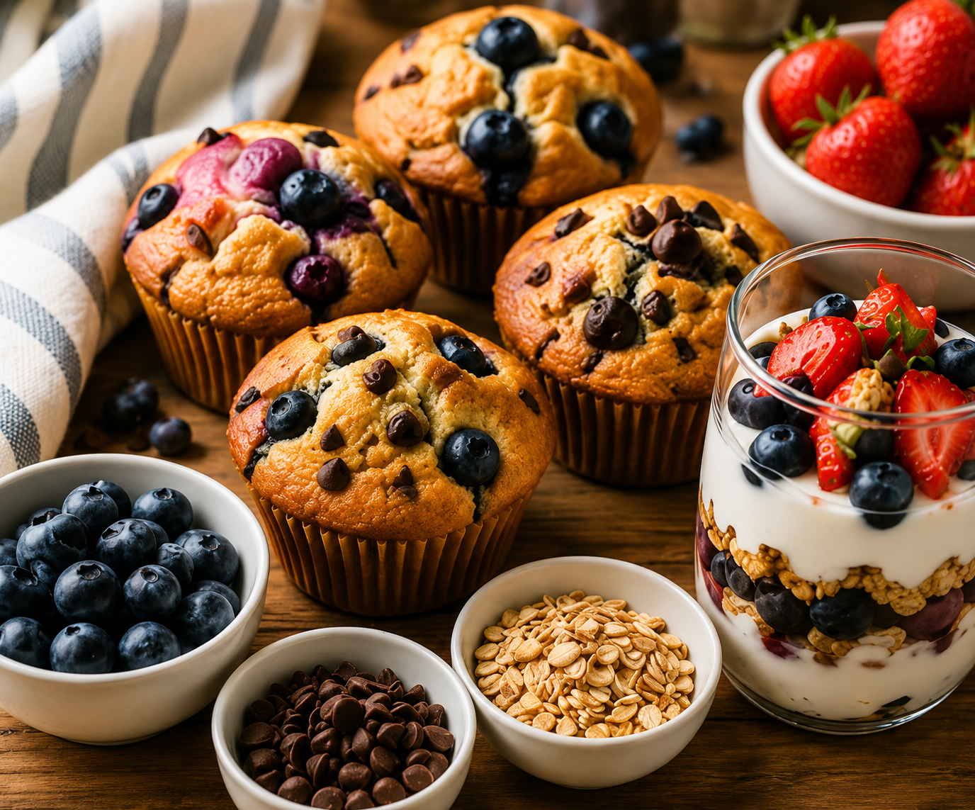 Assorted blueberry muffins, bowls of blueberries and strawberries, a glass of yogurt parfait with fruit and granola, and small bowls of chocolate chips and oats on a wooden table.