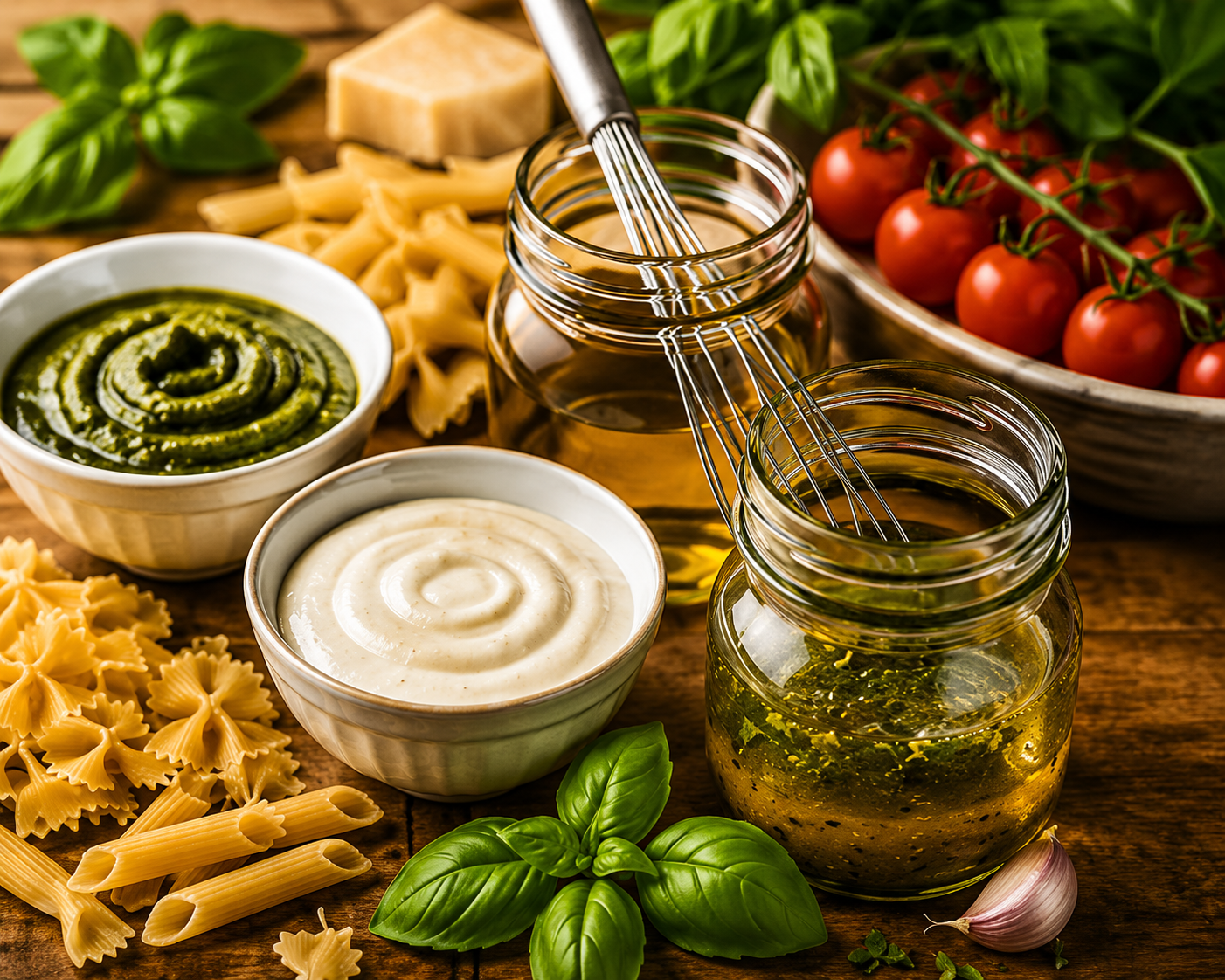 A variety of Italian ingredients on a wooden surface, including cherry tomatoes on the vine, basil leaves, garlic, pasta shapes, two bowls of sauce, and jars of oil and vinegar.