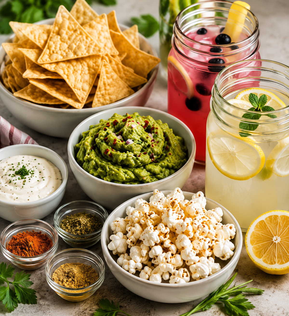 Bowls of tortilla chips, guacamole, sour cream, popcorn, and various spices alongside pitchers of lemonade and berry-flavored drink.