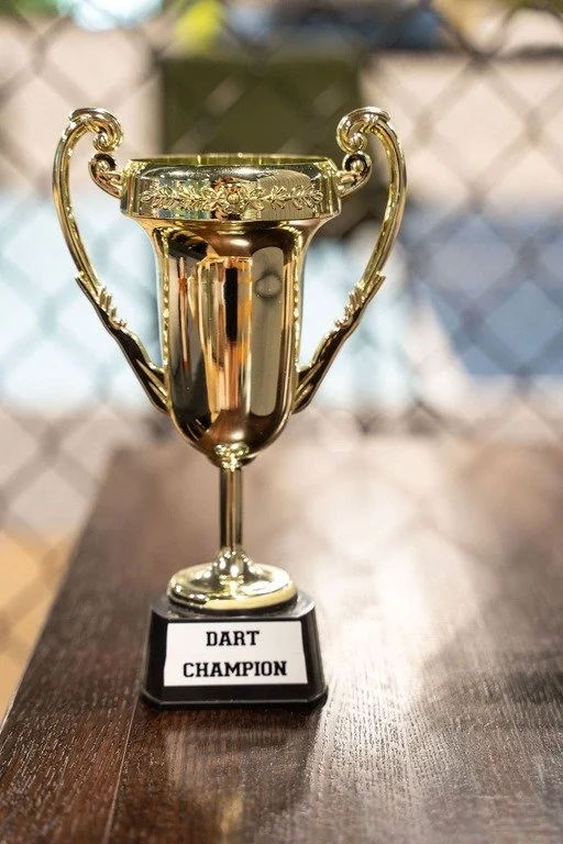 Gold trophy with ornate handles and engraved top, labeled "Dart Champion" on a black base, placed on a dark wooden surface.