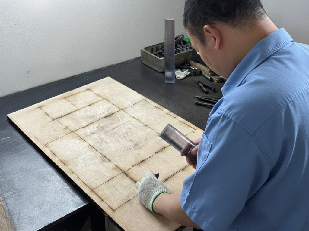 A person working on a papercraft project, using a chisel to carve designs on a piece of paper.