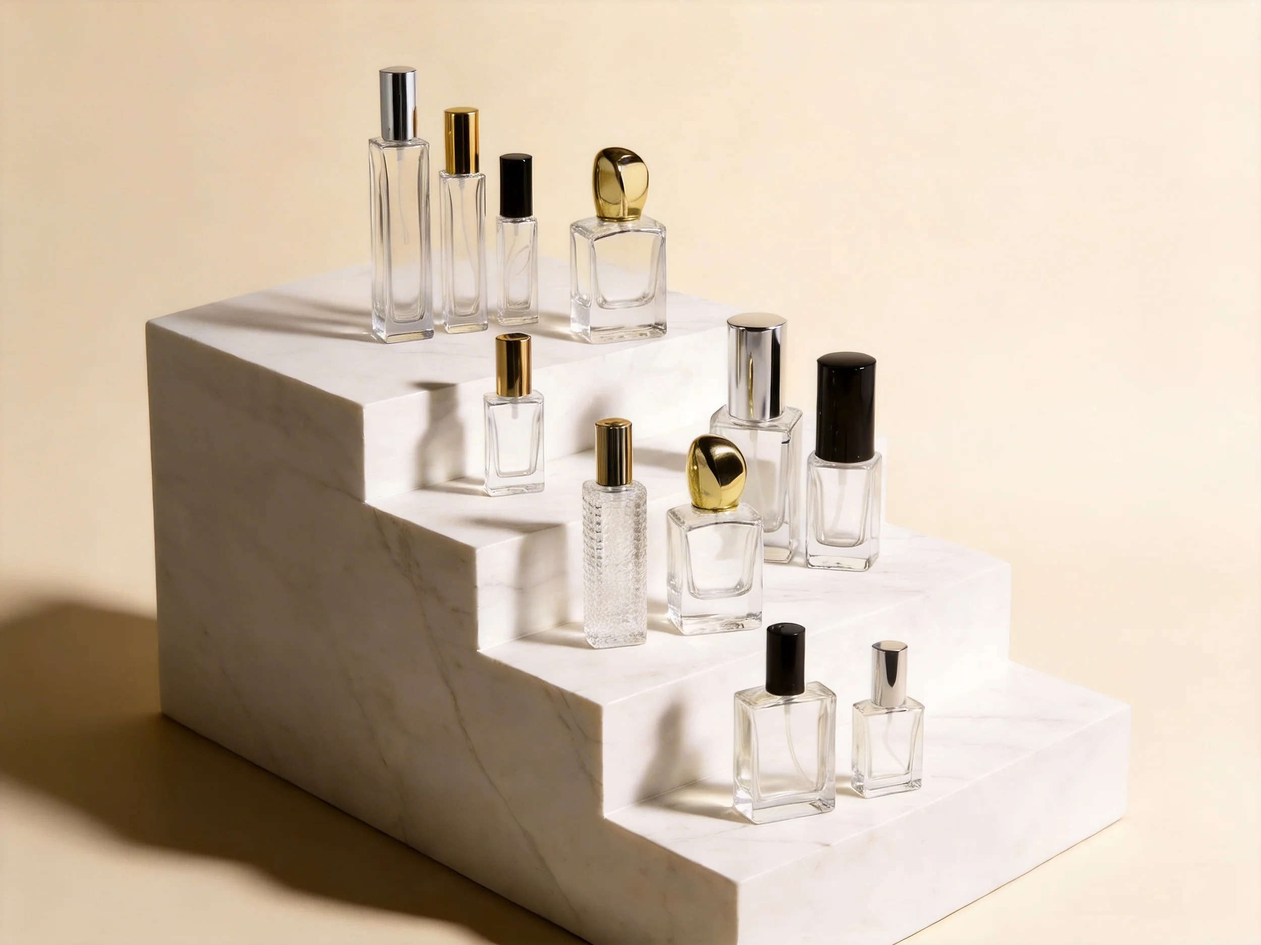 A marble display stand with multiple transparent perfume bottles with metallic caps in silver, gold, black, and white, arranged on different levels.