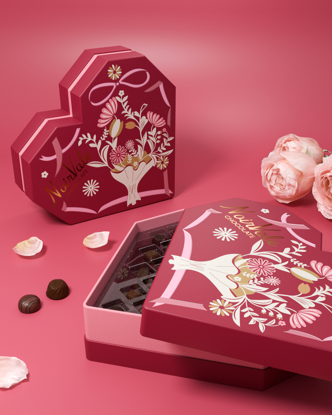 Geometric heart-shaped rigid chocolate box featuring a pink floral illustration and gold foil branding.