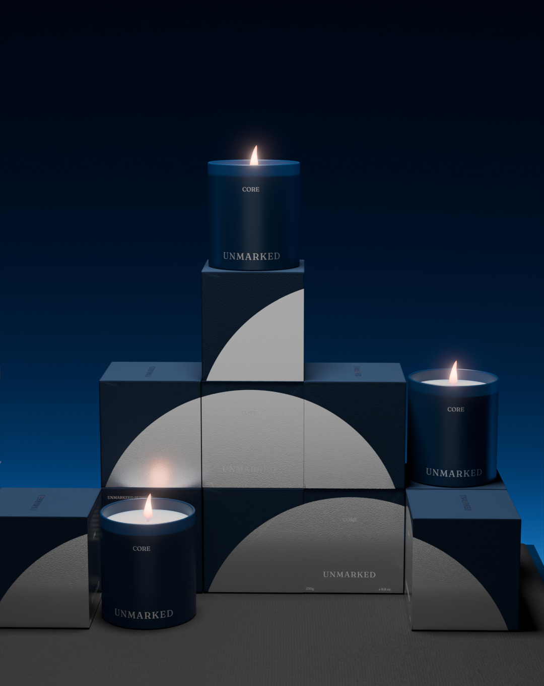 Close-up of matte navy folding carton featuring high-contrast silver foil stamping and 'Inhale/Exhale' text details.