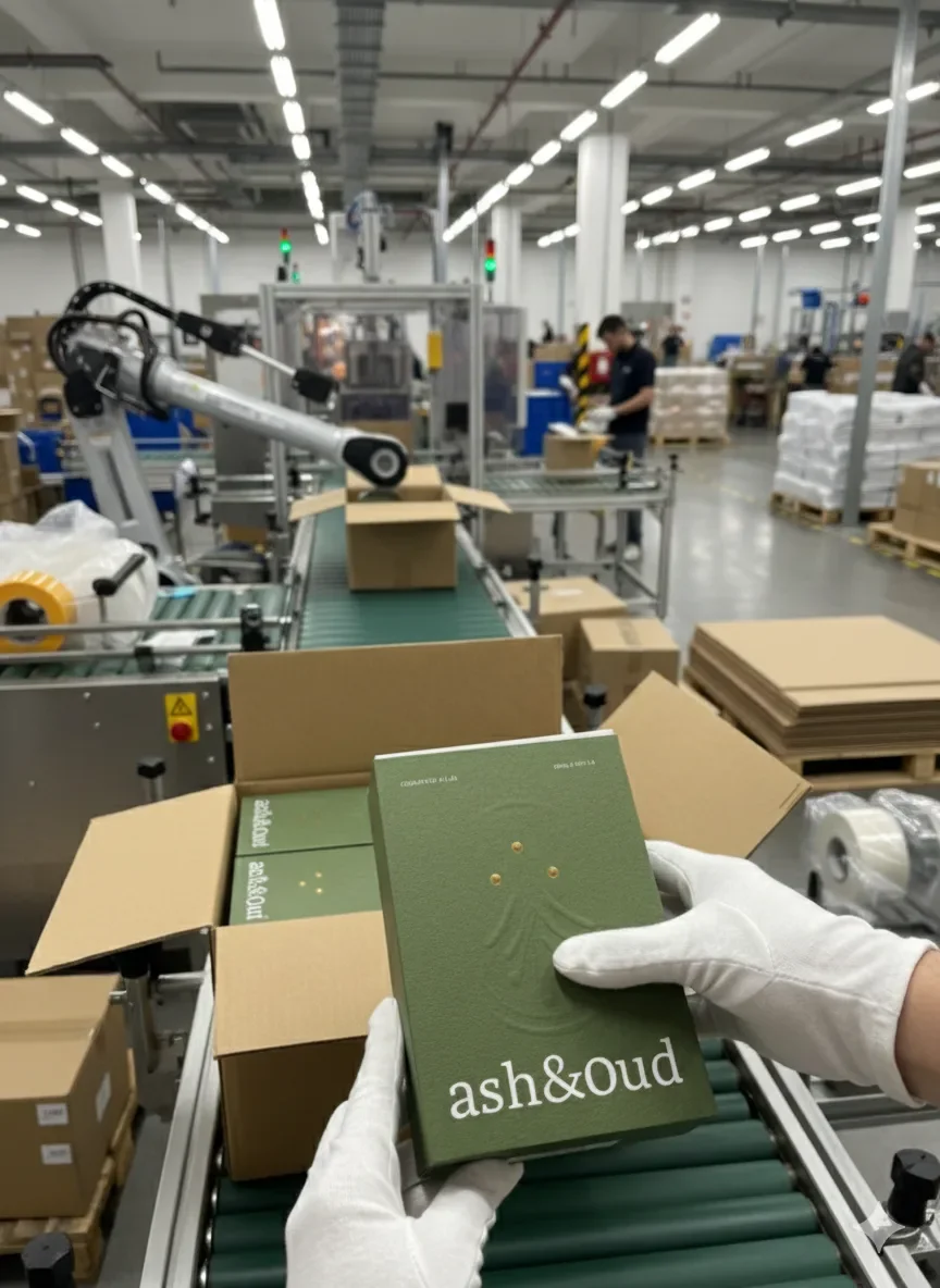 A worker in a factory holding a green box with the brand name 'ash&oud' on it, near a conveyor belt with more boxes. The factory has a bright, industrial setting with packaging machinery and other workers in the background.