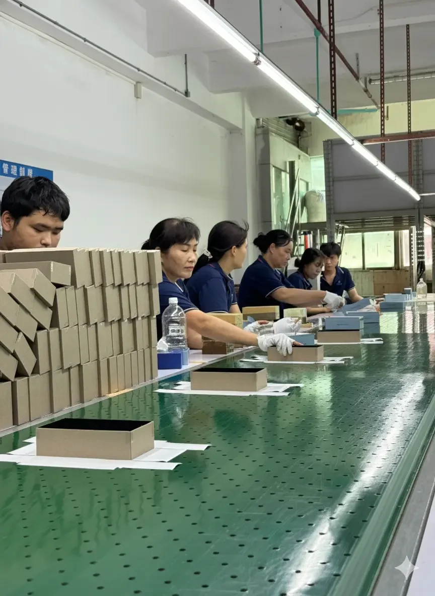 factory workers assembling or inspecting products at a long green worktable, with boxes and bottles nearby.