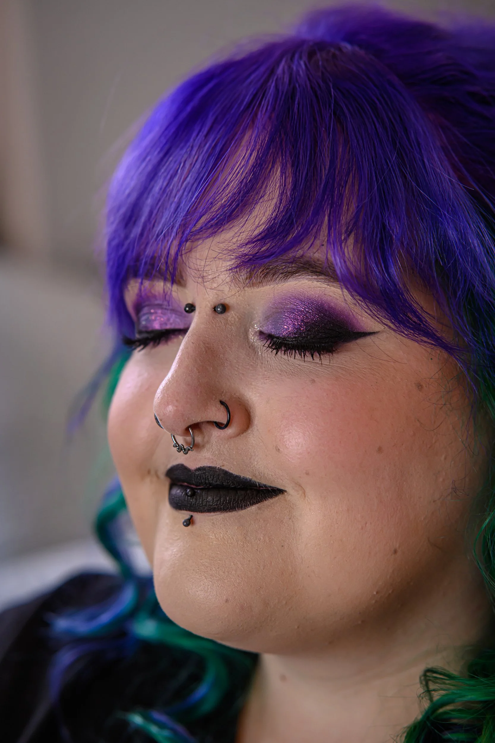 alt bride with purple hair and makeup - Rosie Robert beauty