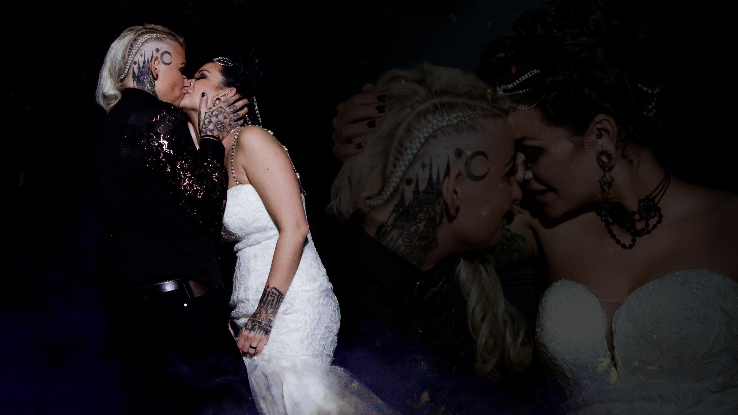 Vicky Dubois Photography. Lesbian, queer wedding, alternative, goth glam. White wedding dress, black suit tattoos. Romance, tattoo studio, gig party.
