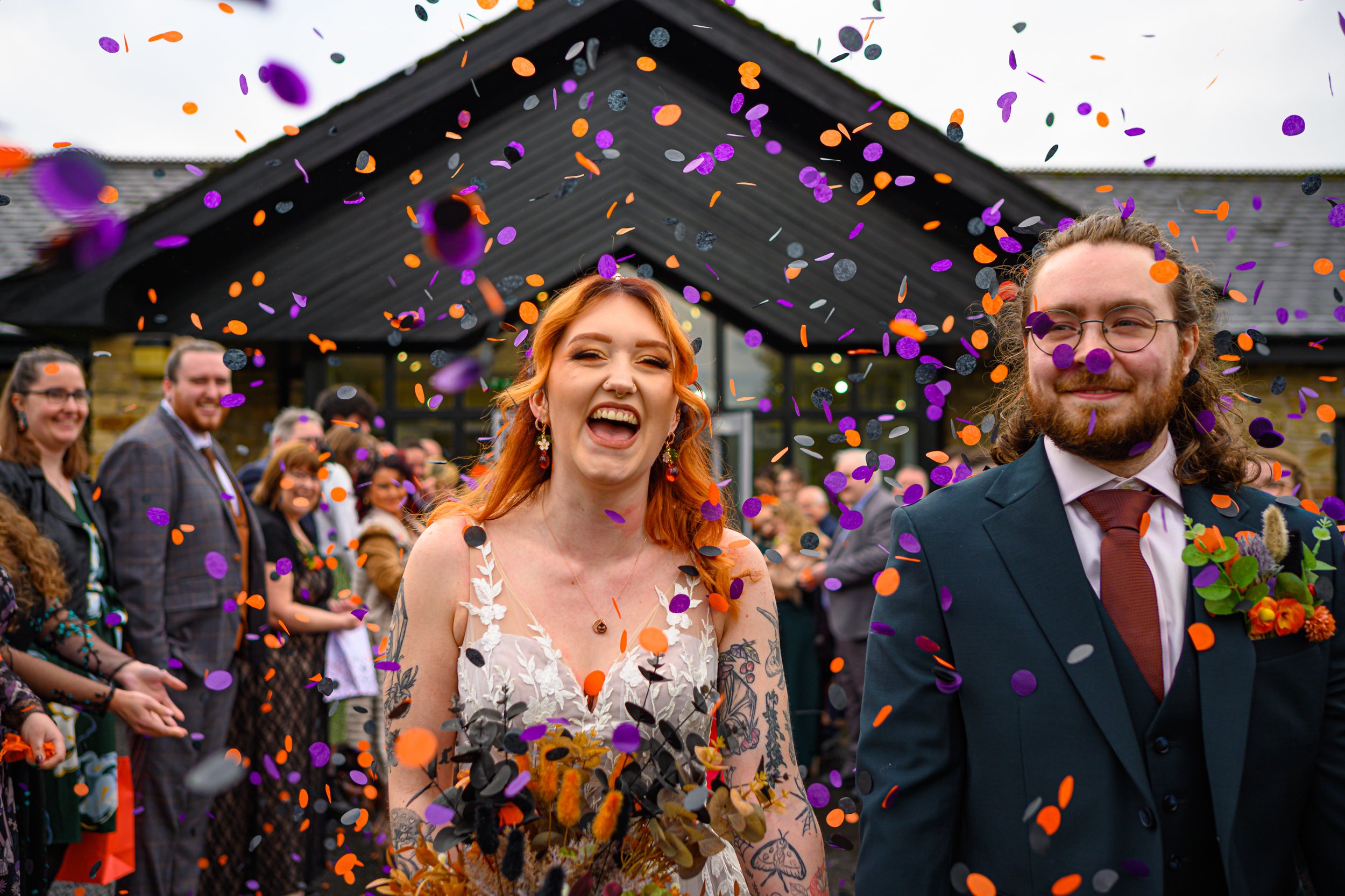 quirky wedding with vibrant confetti wedding photography  - October wedding - orange and purple halloween wedding