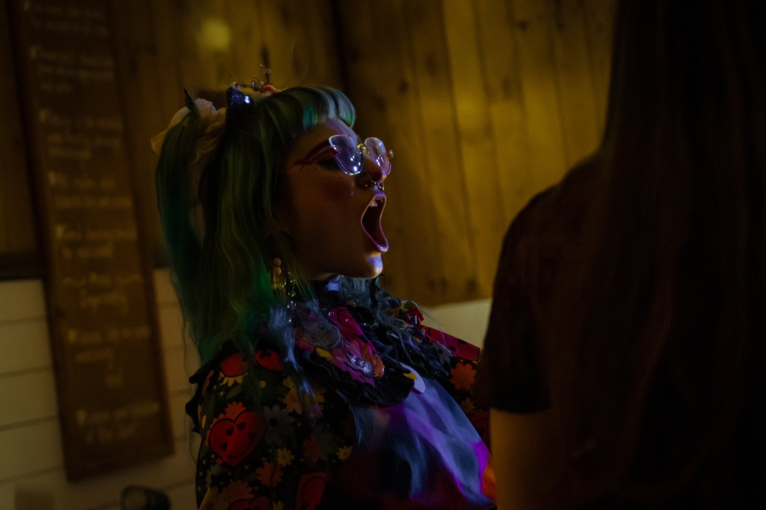 wedding guest on the dance floor having the best time - neon anime girl