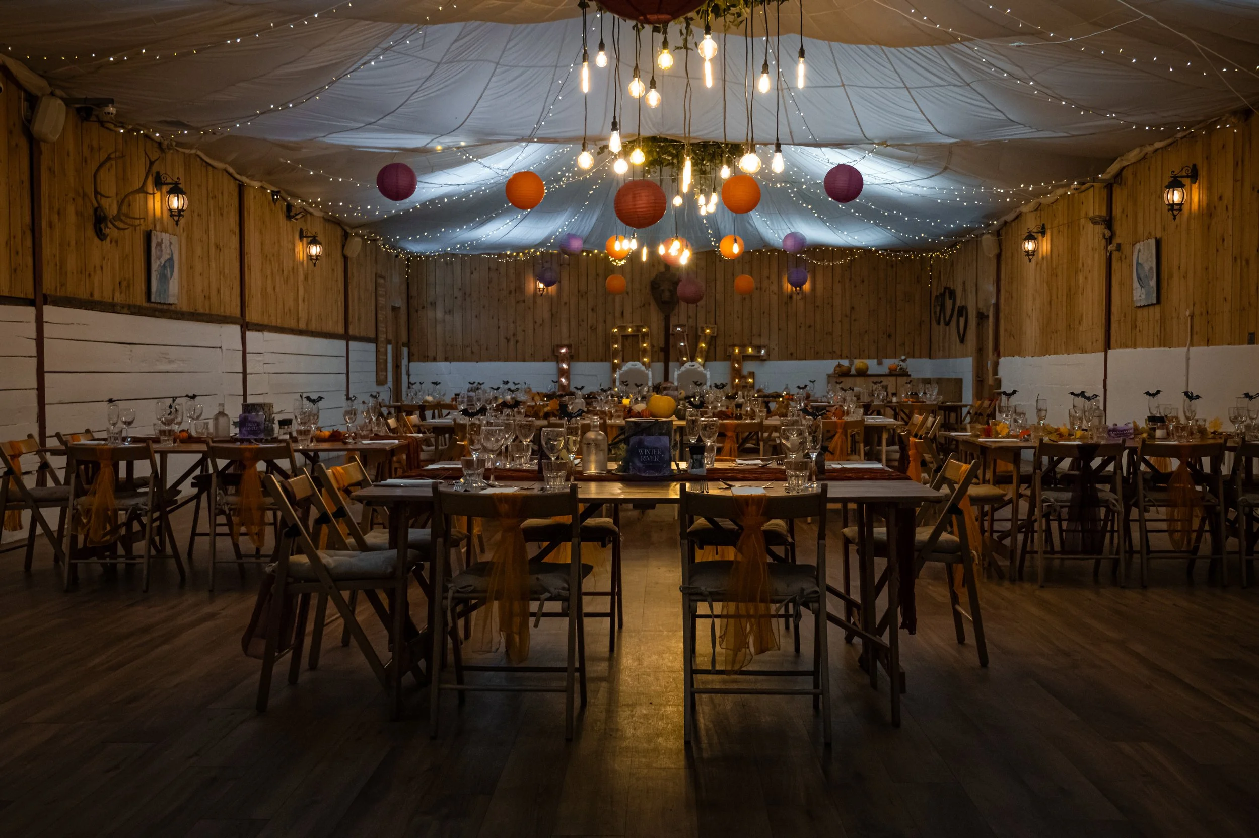 halloween wedding decor in a barn conversion at the Wellbeing Farm in Bolton