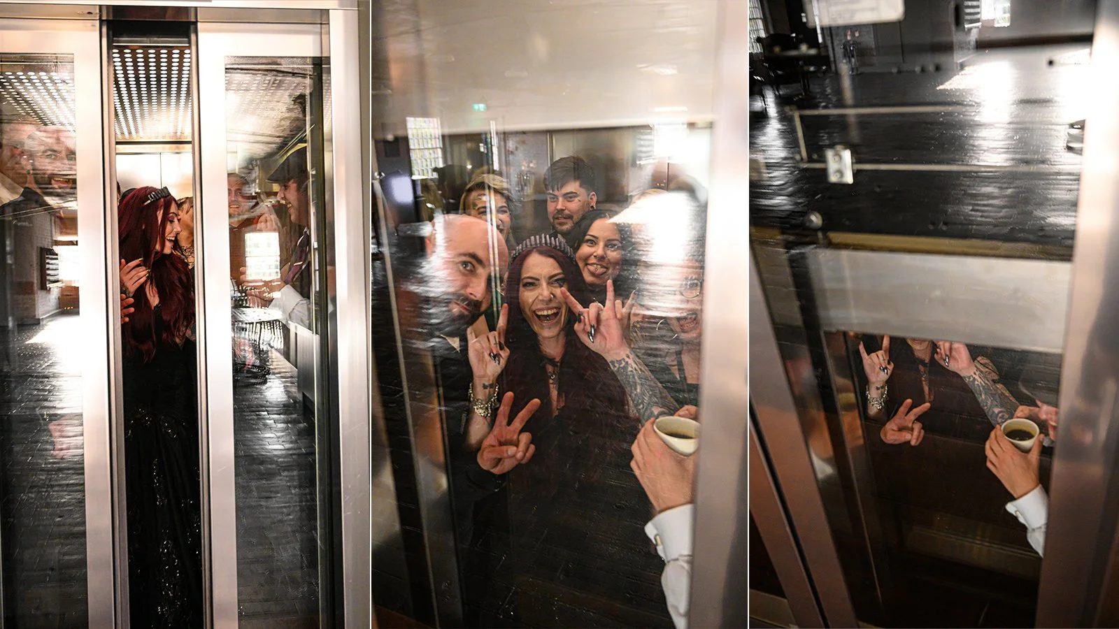 metalhead wedding couple in a lift with wild guests misbehaving and being crass